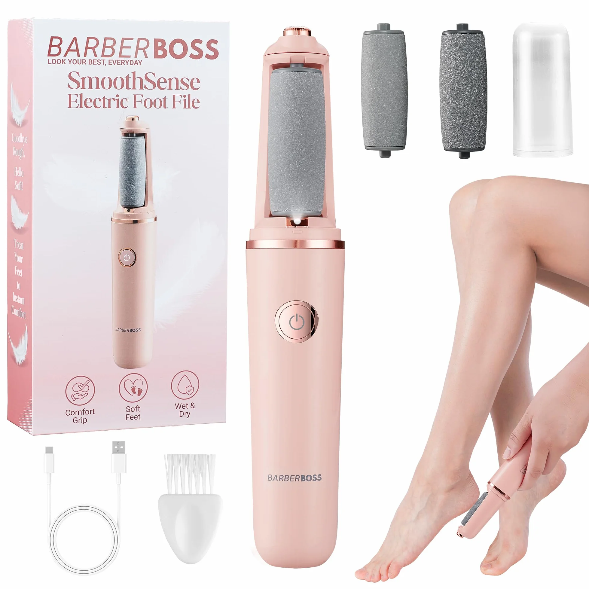 BarberBoss Elektryczna pilnik do stóp, zestaw do pedicure z wymiennymi głowicami, USB, Różowy
