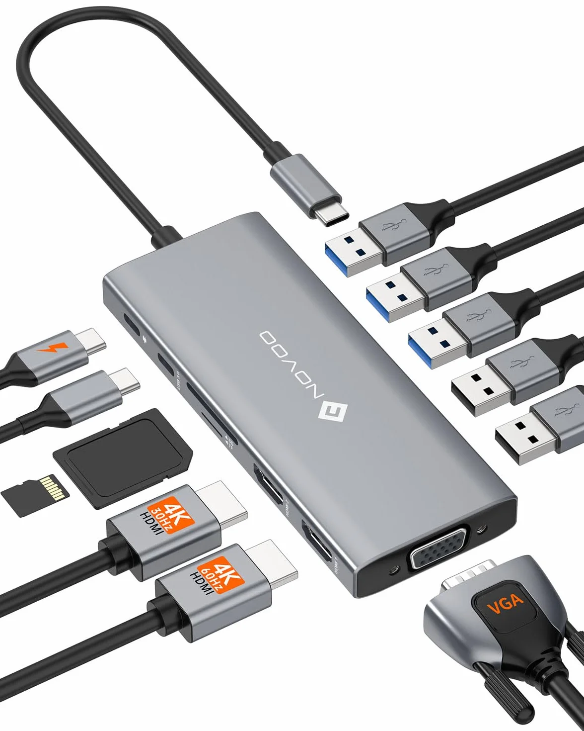 NOVOO Docking Station 12-in-1 con Triplo Display, Doppio HDMI 4K@60Hz, VGA, 5 Porte Type-A, PD 100W, Porta Dati Type-C, Lettore SD/TF, Multiporta Hub per MacBook M3/DELL/HP