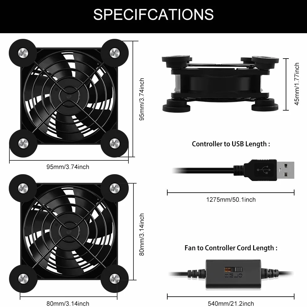 2 mini ventilatore USB da 80 mm, controllo multi-velocità, riduzione del calore per router, console di gioco, TV Box, destinatario, modem, DVR, PlayStation, cabina AV