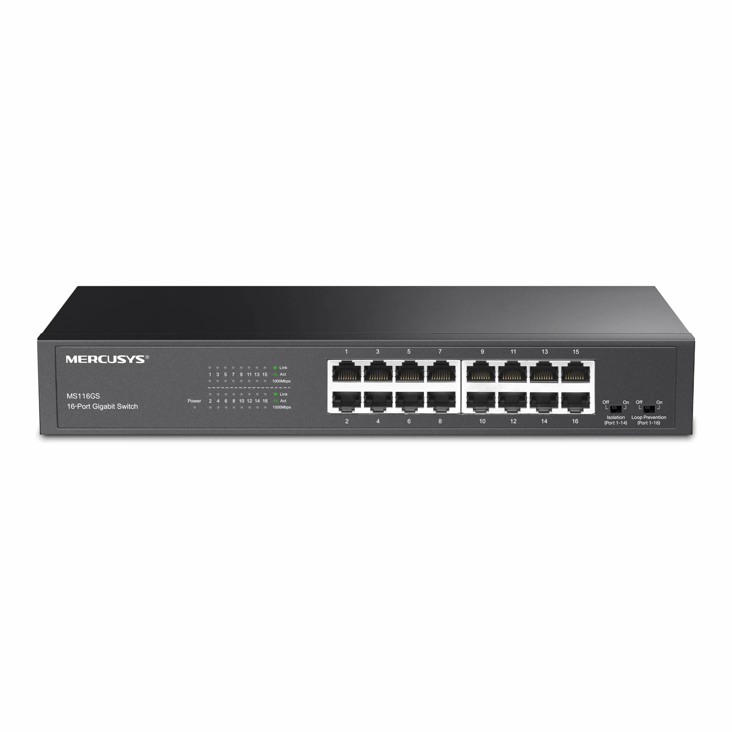 TP-Link Mercusys MS116GS Switch Gigabit 16 Porte, Montaggio Desktop o Rack, Plug & Play, Priorità del Traffico, Prevenzione Loop, Modalità di Isolamento, Funzionamento Silenzioso, Case in Metallo