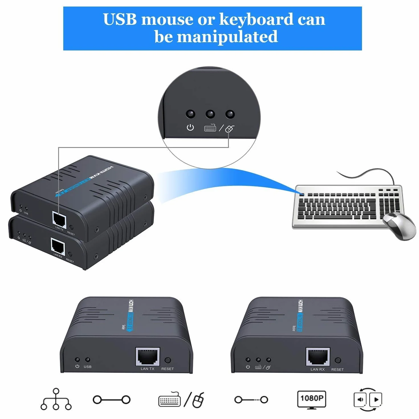 AGPTEK USB HDMI KVM Extender su Singolo Cavo Ethernet Cat 5/5E/6/7- Estensione del Segnale Fino a 120m/365Ft- Supporto Mouse Tastiera USB- Adattatore per Uso residenziale/Commerciale