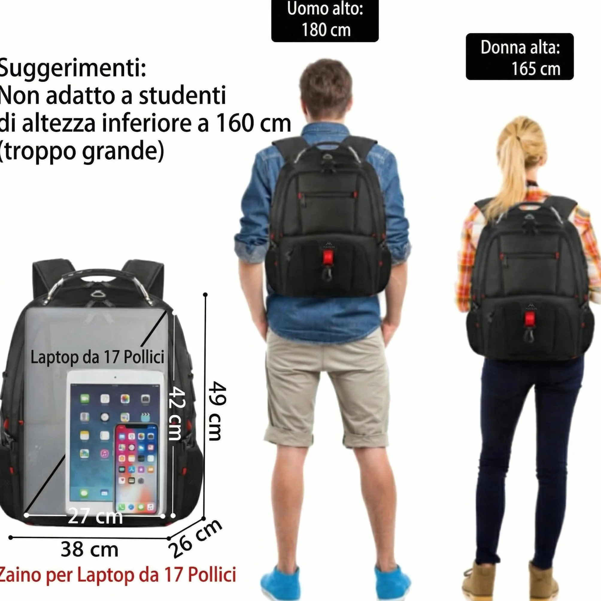 MATEIN Zaino Uomo Grande 50L, Zaini Porta PC 17 Pollici Zaini Lavoro Uomo borsa Capiente, Impermeabile Zaino per PC Portatile Laptop Computer Notebook Viaggio Ufficio Scuola Università, Nero