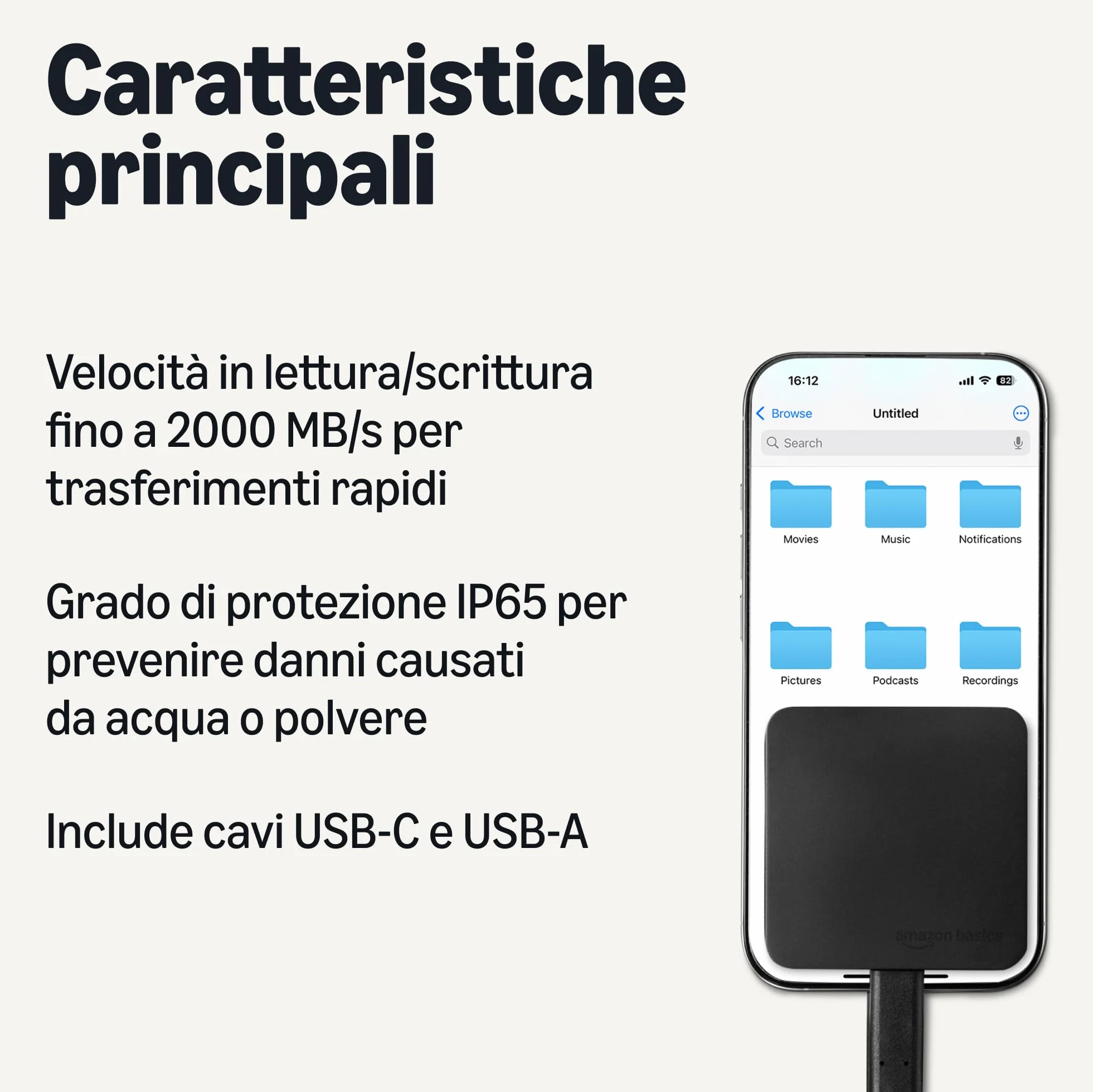 Amazon Basics SSD Esterno Portatile Unità a Stato Solido Esterna da 1TB Velocità fino a 2000MB/s USB 3.2 Gen 2 IP65 Antiacqua e Antipolvere Nero