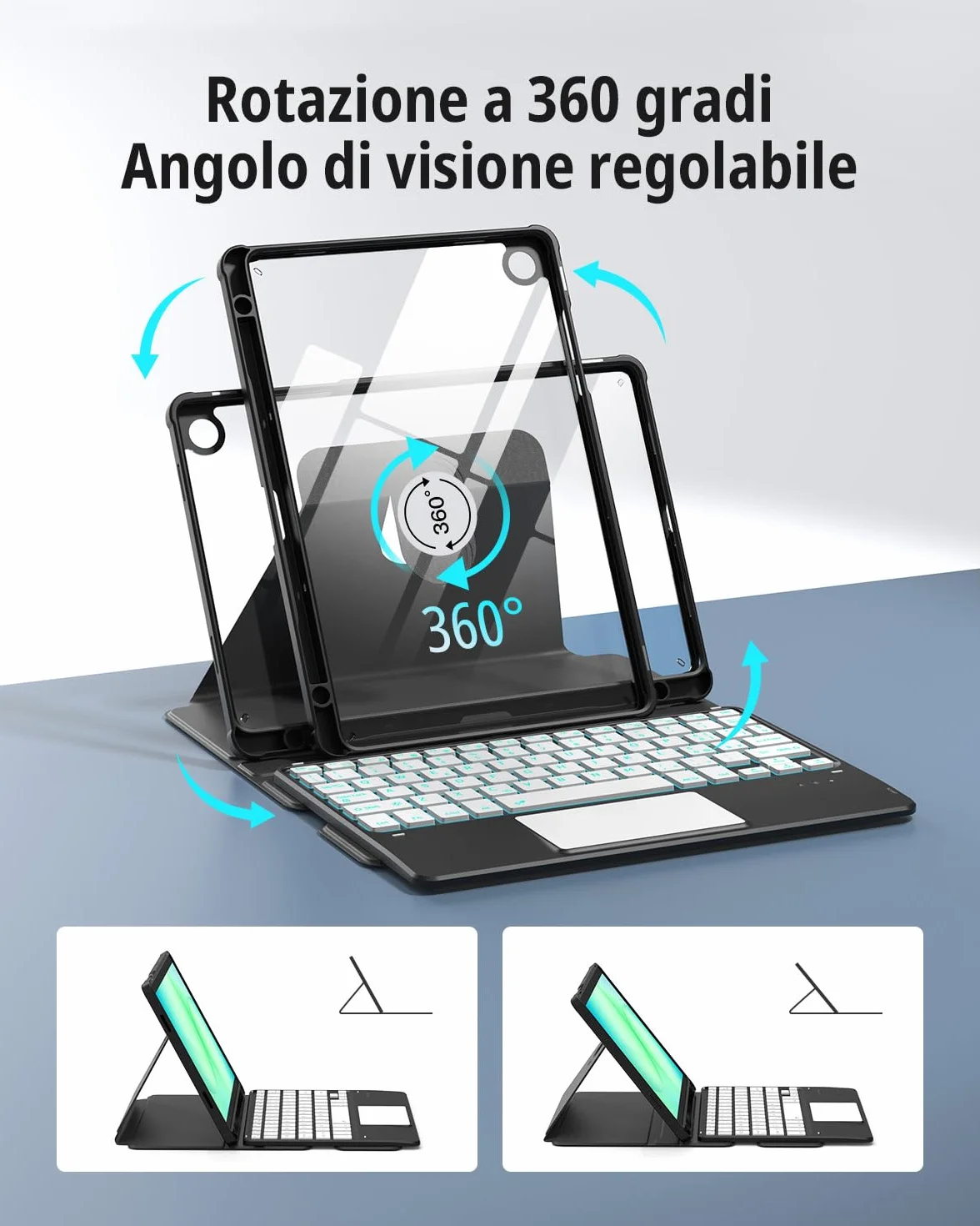 CACOE Custodia con Tastiera Girevole 360 Compatibile con Samsung Galaxy Tab A11 Plus/A9 Plus 11 pollici con Touchpad, Tastiera Staccabile Retroilluminata a 7 Colori con Funzione di Supporto, Nera