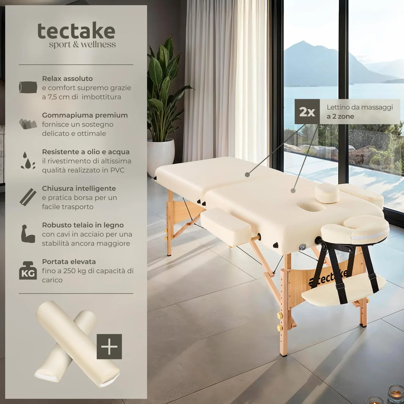 tectake Set Lettino Massaggio a 2 Zone con Rulli Portatile Pieghevole 7,5 cm Beige