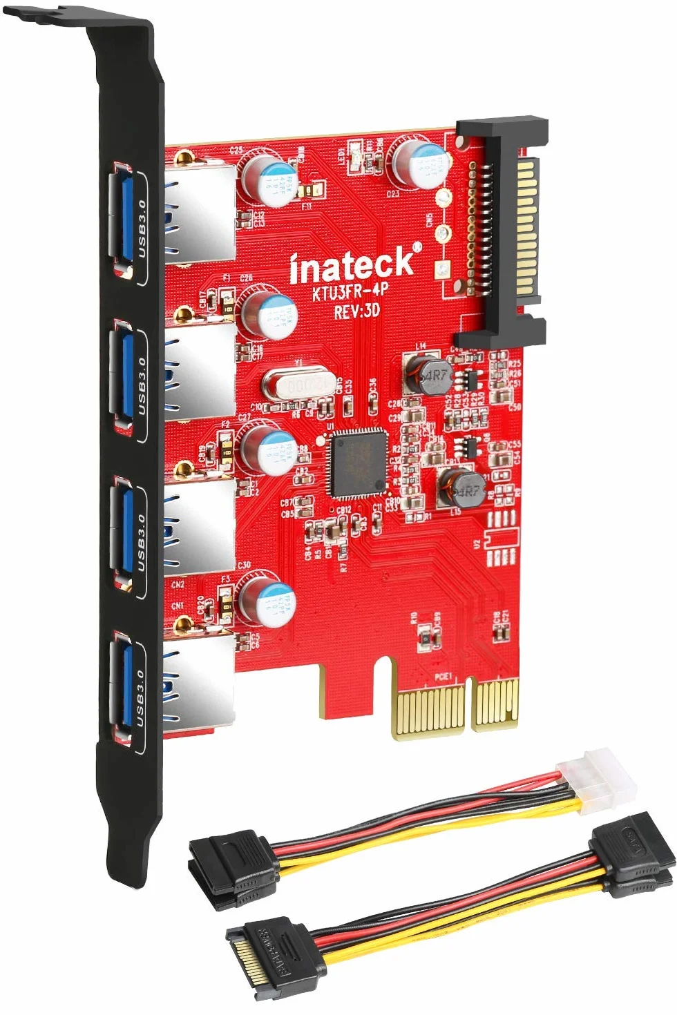 Inateck KTU3FR-4P 4 porte PCI Express card desktop usb Controller, Fresco FL1100 chipset compatible Windows XP/Vista/7/8, Include un 4pin to 2x15pin Cable + un 15pin to 2x15pin SATA Y-Cable
