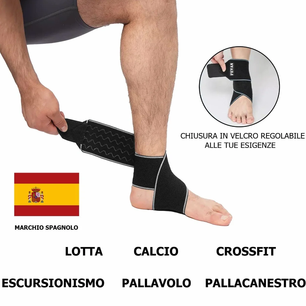 FEVAN Cavigliera Ortopedica Regolabile Antiscivolo - Tutore Caviglia per Distorsione (Nero/Grigio)