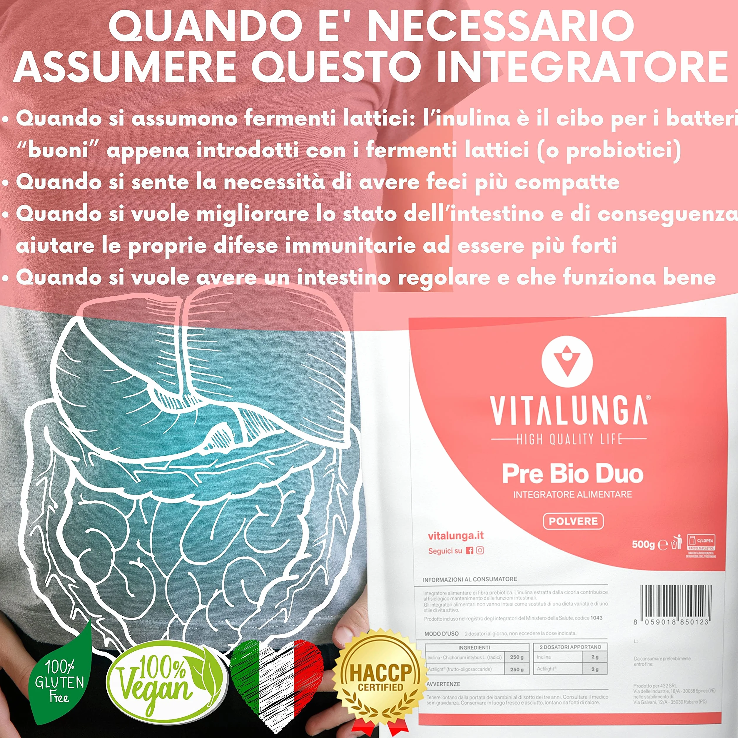Inulina in Polvere 500g Fibra Prebiotica di Cicoria Vegan Senza Glutine