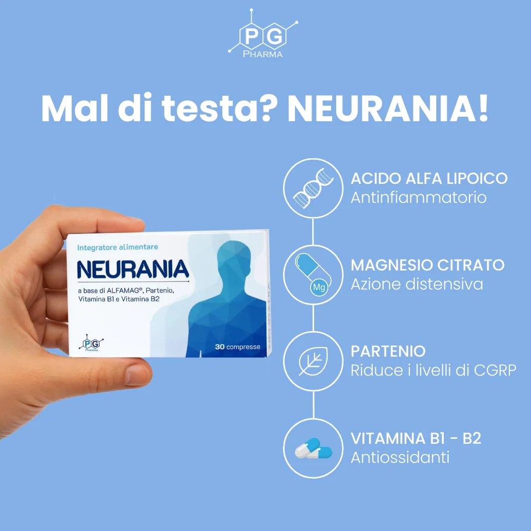 Neurania Integratore Naturale per Mal di Testa, Emicrania 30 Compresse Magnesio Acido Alfa-Lipoico Partenio Vitamine B1 B2