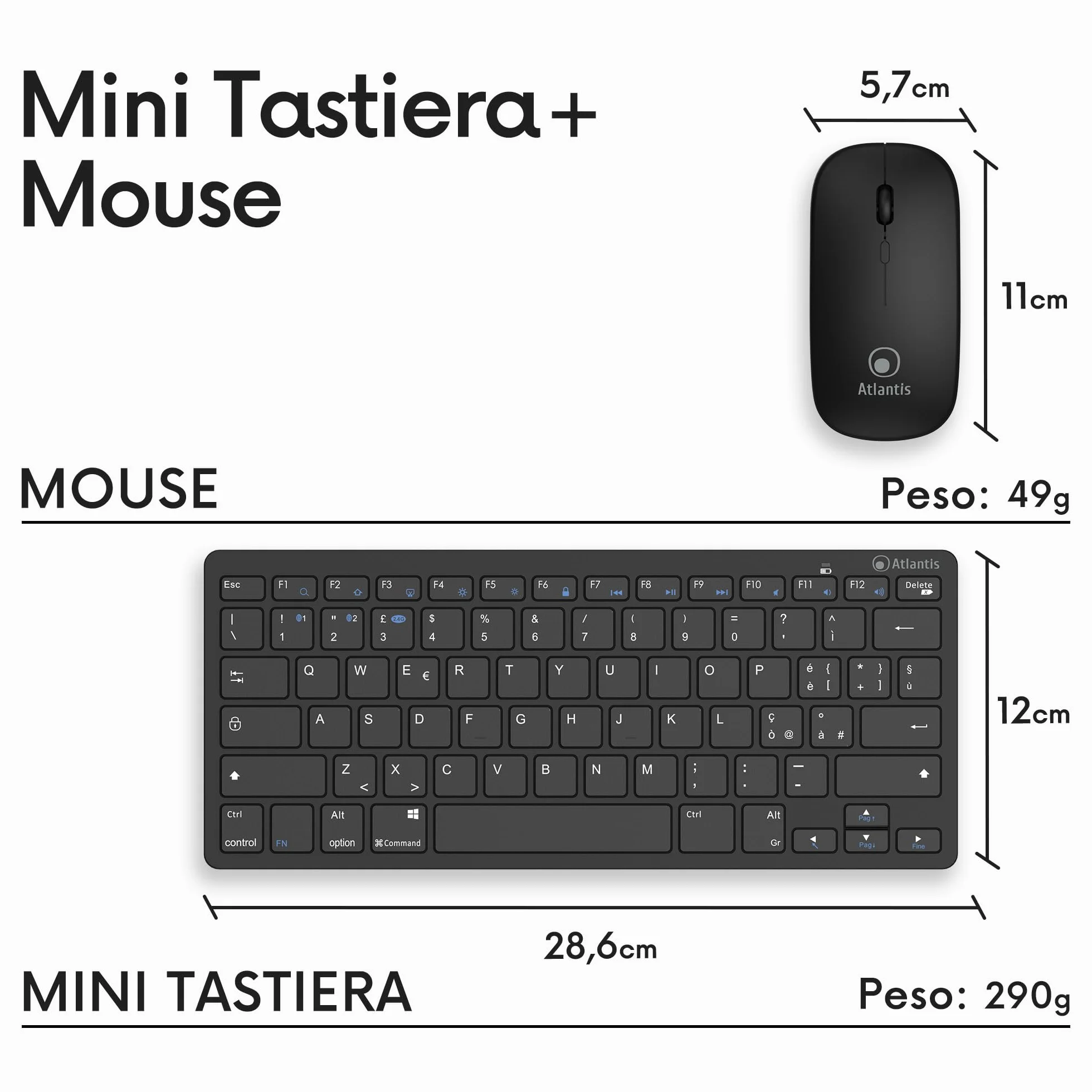 Atlantis ARGO 900Pro Combo KIT Mini Tastiera Ultraslim + Mouse - Wireless senza fili RF + Bluetooth, QWERTY 78 tasti “chocolate key”, per PC/Notebook/Smartphone/Tablet/iOS/Android, Nero