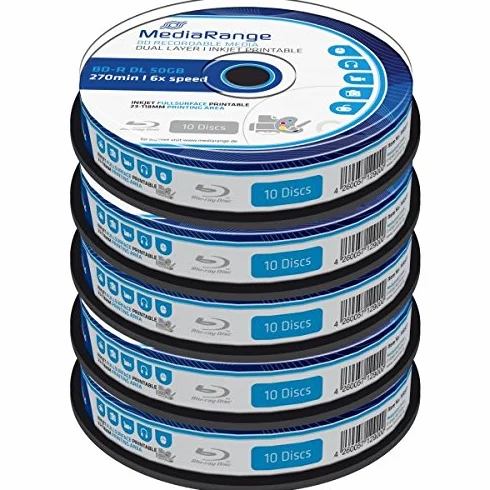 BLU-RAY - Mediarange BD-R DL 50 Gb, velocità 6x, stampabile (fullprintable) - Campana da 50 pz
