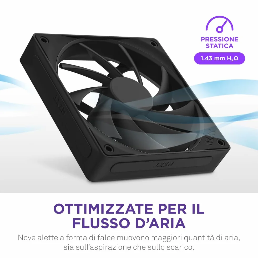 NZXT F120Q | Ventola silenziosa 120mm | Aspirazione o scarico | Telaio smussato e flusso concentrato | Cuscinetti fluid. | Rumore ridotto | Controllo PWM | Nero
