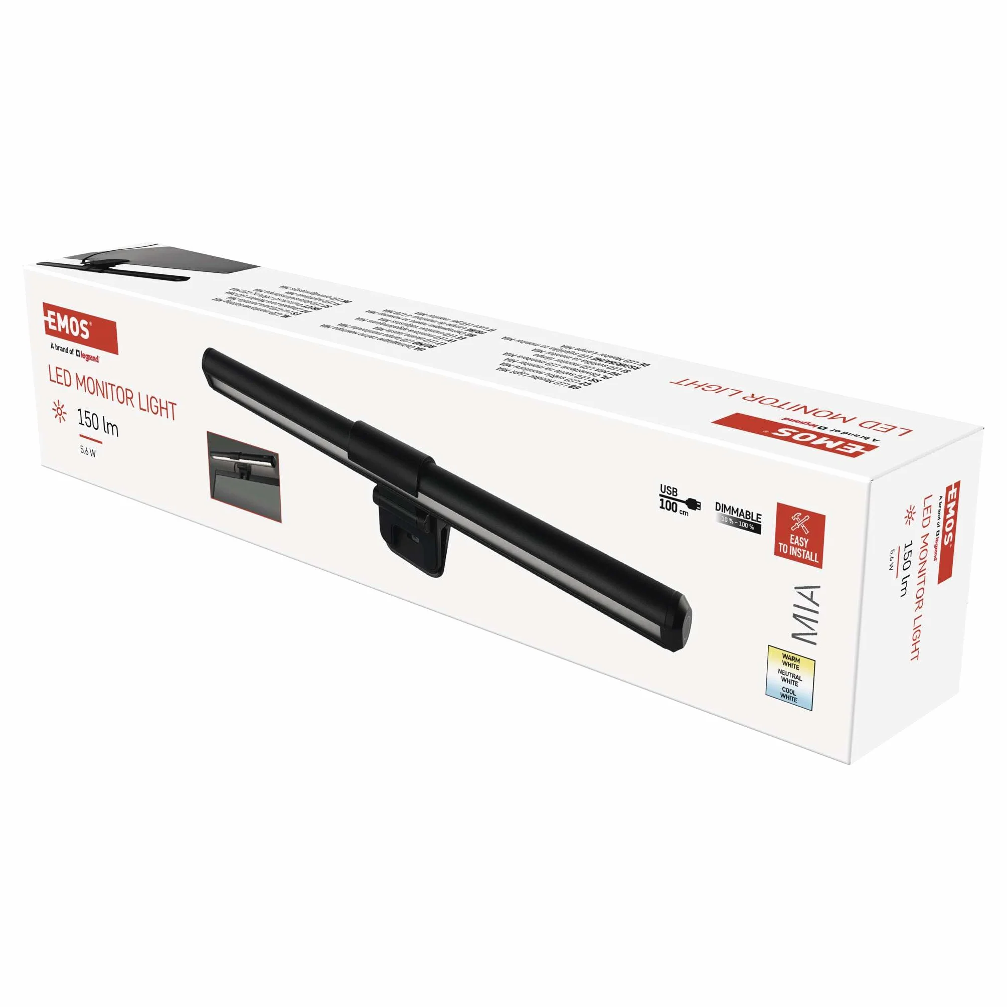 EMOS Ra 95 - Lampada LED per computer portatile, 30 cm, 5,6 W, con supporto a clip, barra luminosa USB da 150 lm, lampada da schermo inclinabile, dimmerabile, colori luce regolabili, durata 30000 ore,