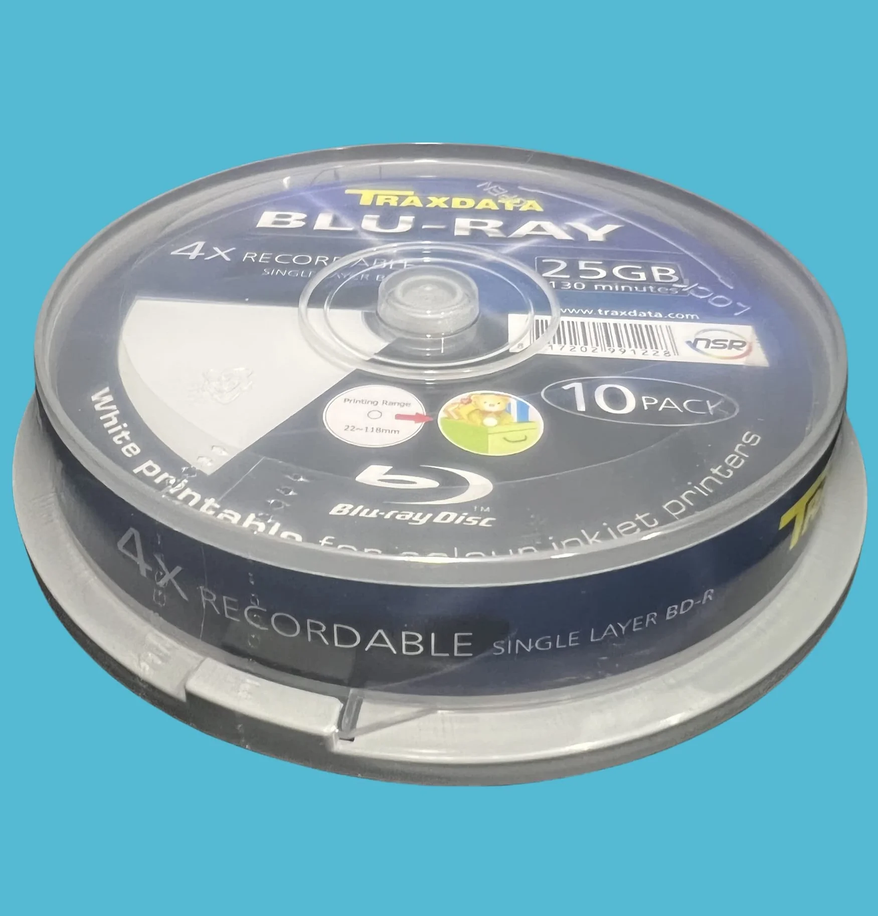 10 x Traxdata Full Face White Inkjet stampabile a getto d'inchiostro Blu-Ray Discs. BDR 25GB 4X 130 MINUTES