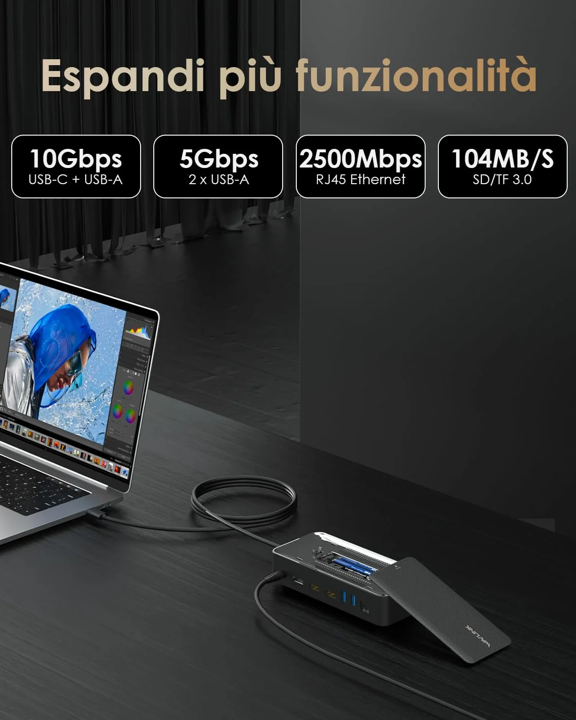 WAVLINK 12 in 1 Docking Station 3 Monitor per Windows e Mac OS, con 8K a 30 Hz HDMI/DP,con Alloggiamento SSD M.2 PCIe/SATA, Supporto Power Delivery da 100 W, USB-C/A, SD/TF, Gigabit