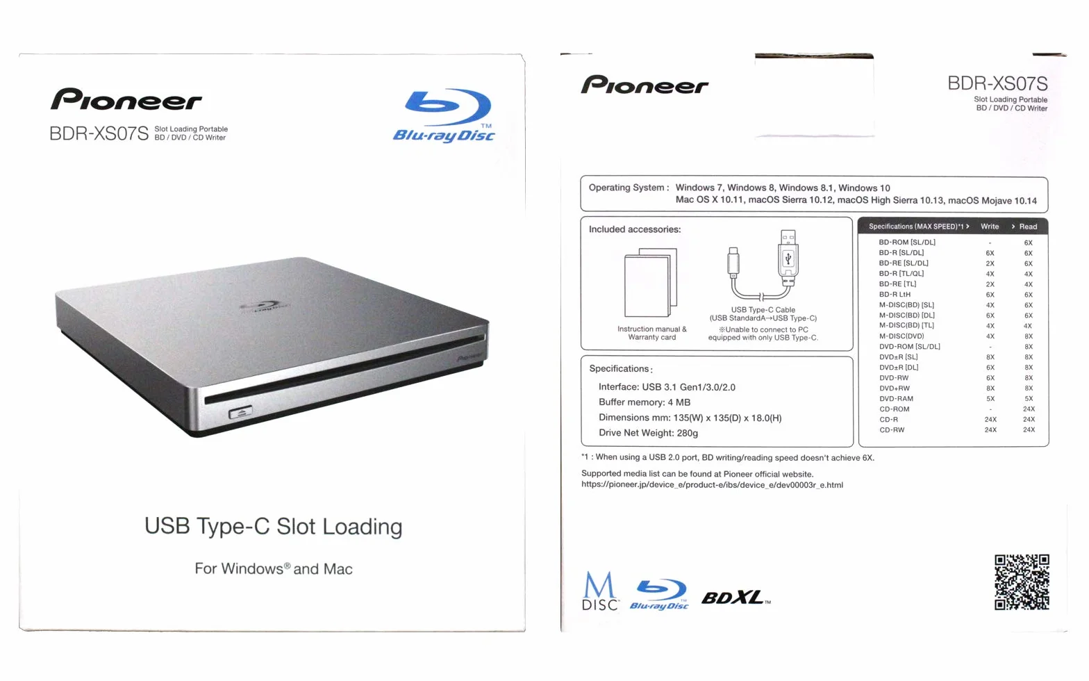 Pioneer BDR-XS07S Unità esterna portatile 6x Blu-ray Burner con cavo USB - Masterizza dischi DVD DVD BD DL BDXL