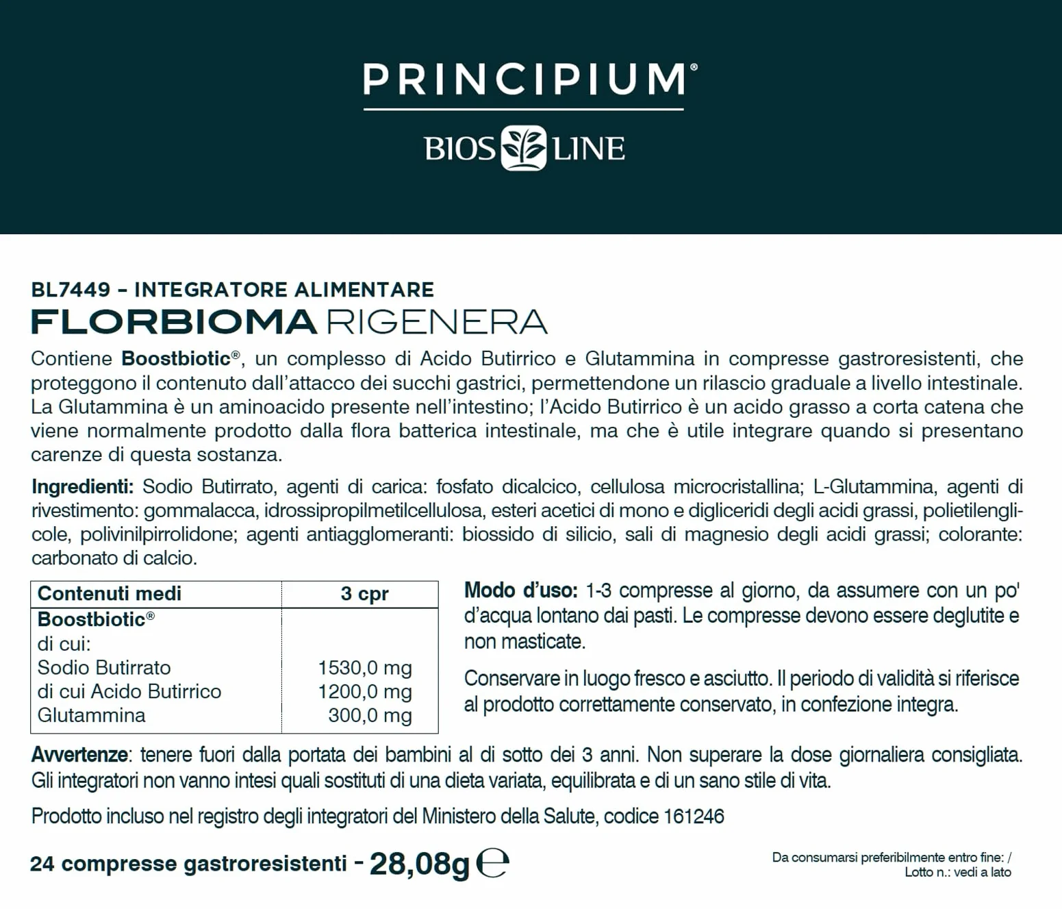 BIOS LINE Principium Florbioma Rigenera Integratore Alimentare Benessere Intestinale 24 Compresse Gastroresistenti