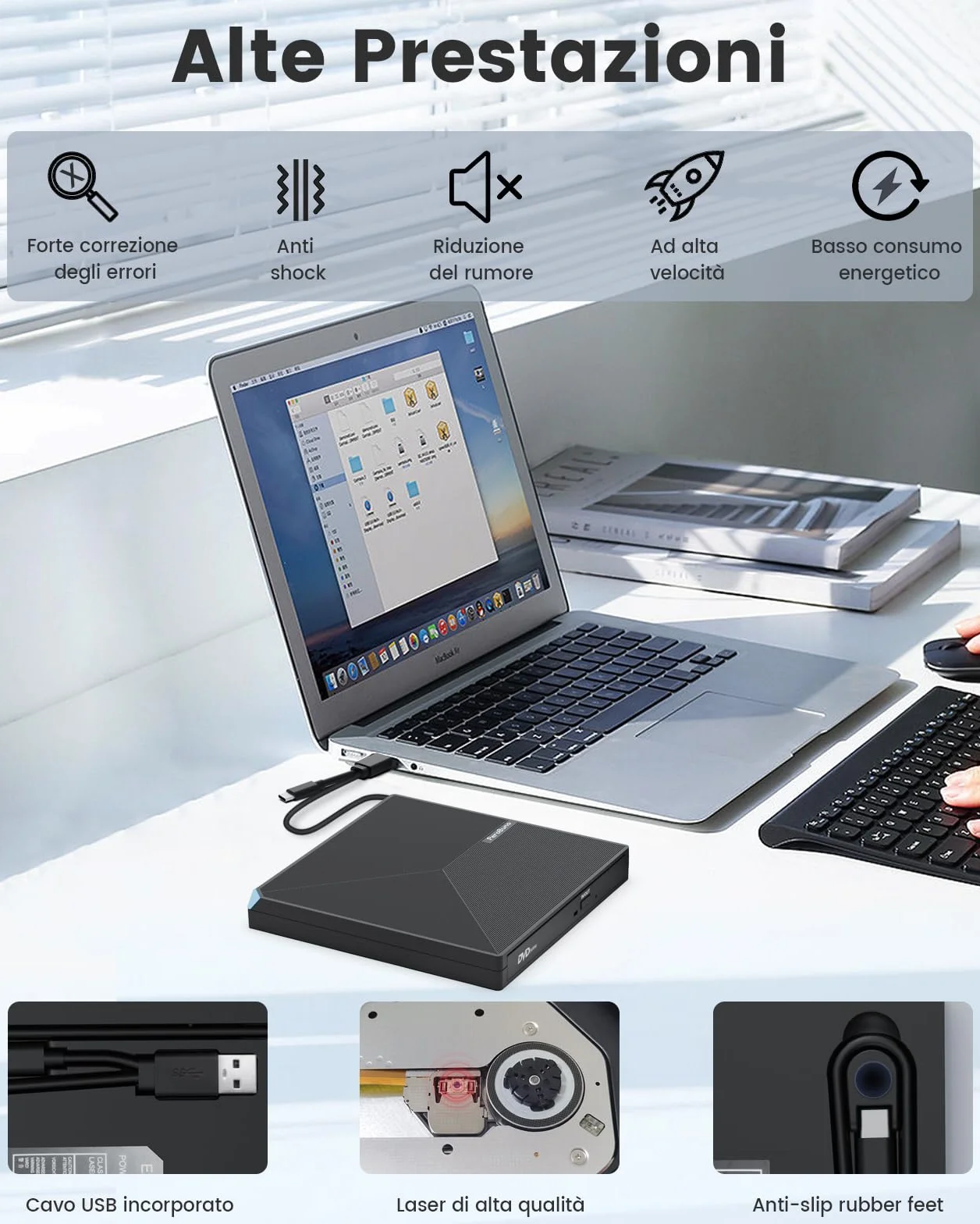 PeroBuno Unità CD DVD Esterne, USB 3.0 e Tipo C Masterizzatore CD Esterno, Plug & Play CD/DVD -/+RW Lettore CD DVD Esterno per PC Laptop Desktop iMac MacBook Pro/Air Windows 11/10/8/7/XP Linux Mac OS