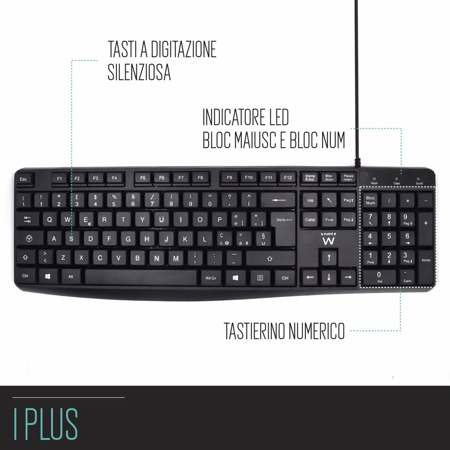 Ewent Tastiera Cablata USB Digitazione Silenziosa Layout QWERTY Italiano PC Notebook Cavo 1.5m Nera