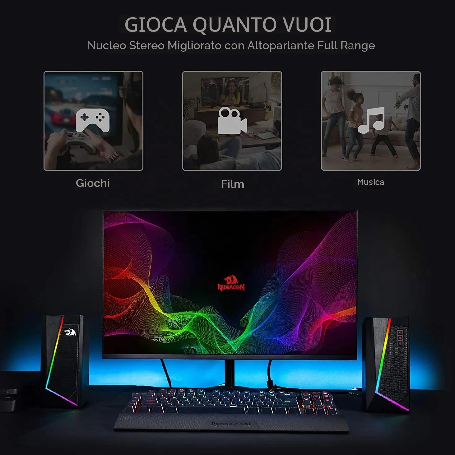Redragon GS520 Anvil RGB Desktop Altoparlanti stereo PC 2.0 canali LED bassi potenziati controllo volume