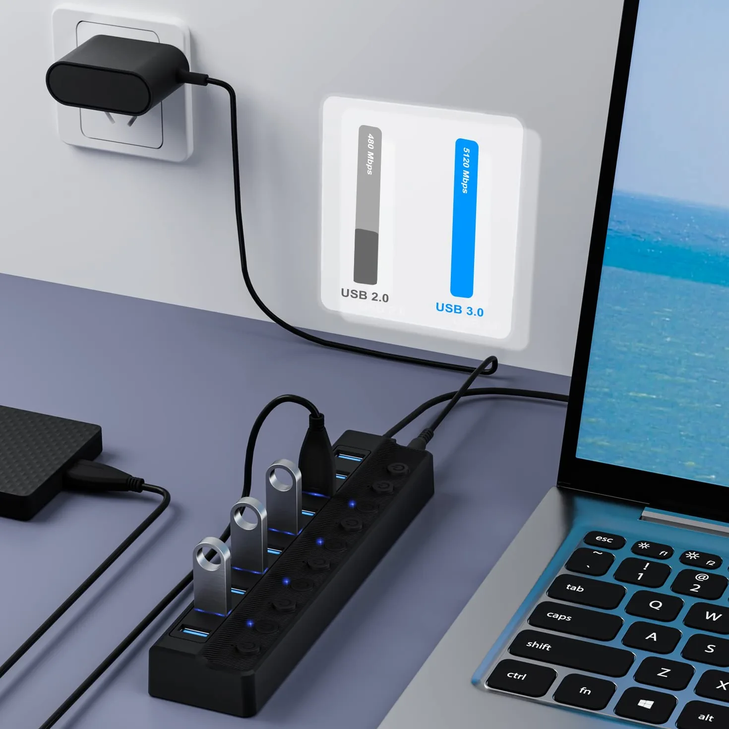 ONFINIO Hub USB 3.0, hub splitter USB a 10 porte con interruttori on/off individuali e adattatore di alimentazione 12V/2A estensione USB