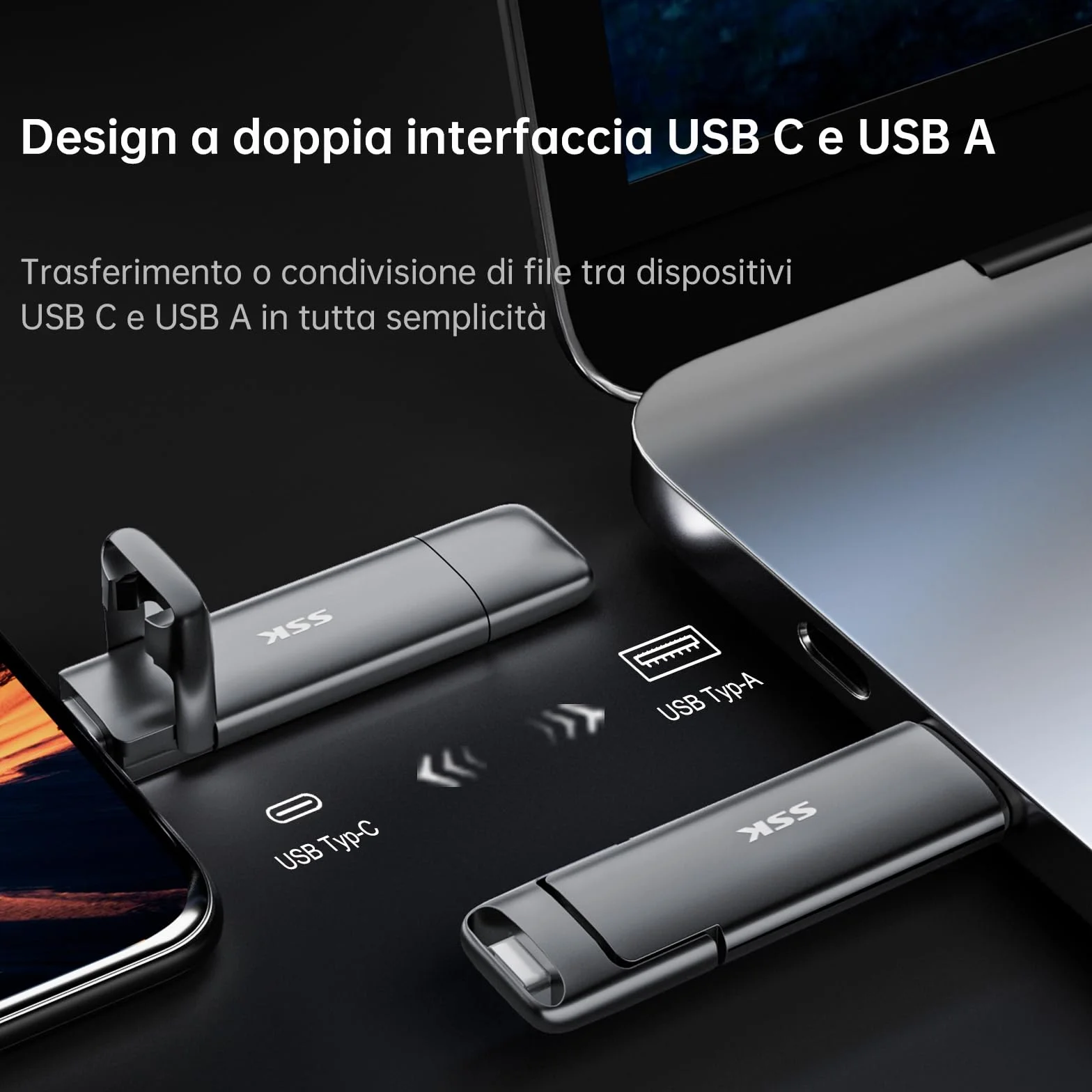 SSK Hard disk esterno USB C SSD da 256 GB, con fino a 1000 MB/s, chiavetta USB veloce, doppia USBC+USBA USB 3.2 Gen2 per iPhone 15/PS4/Android Phone/Tablet/Windows/Mac