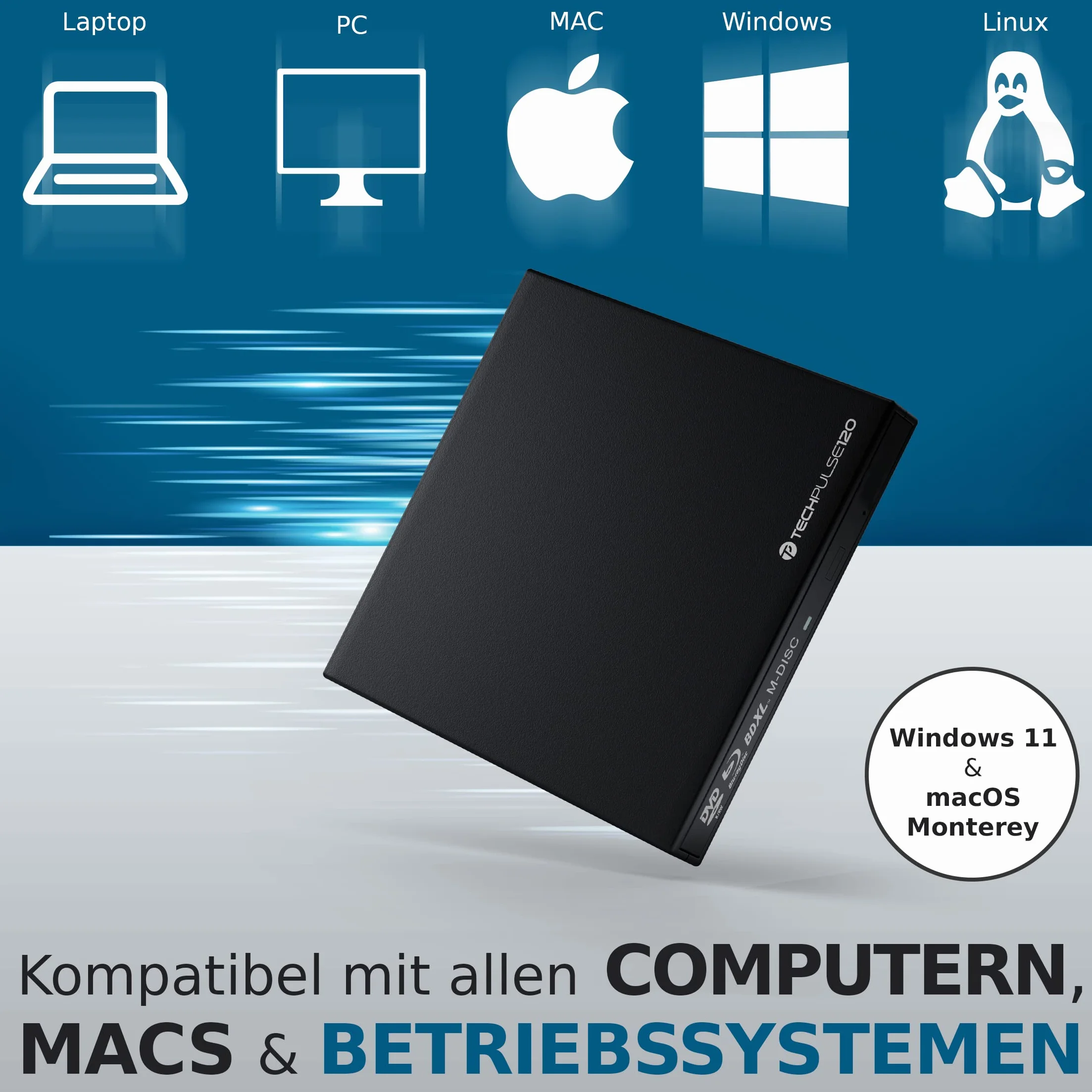 techPulse120 USB 3.0 3D Scrittore Lettore BDXL M-Disc Blu-Ray BD Masterizzatore Esterno Unità DVD Adattatore Burner SuperDrive per PC Laptop Notebook Ultrabook Computer Apple Macbook Pro Air