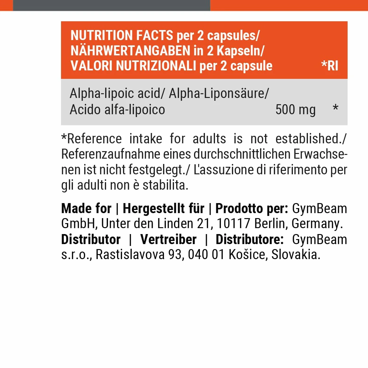 GymBeam Acido Alfa-Lipoico 90 cps 500mg Antiossidante Naturale Vegani