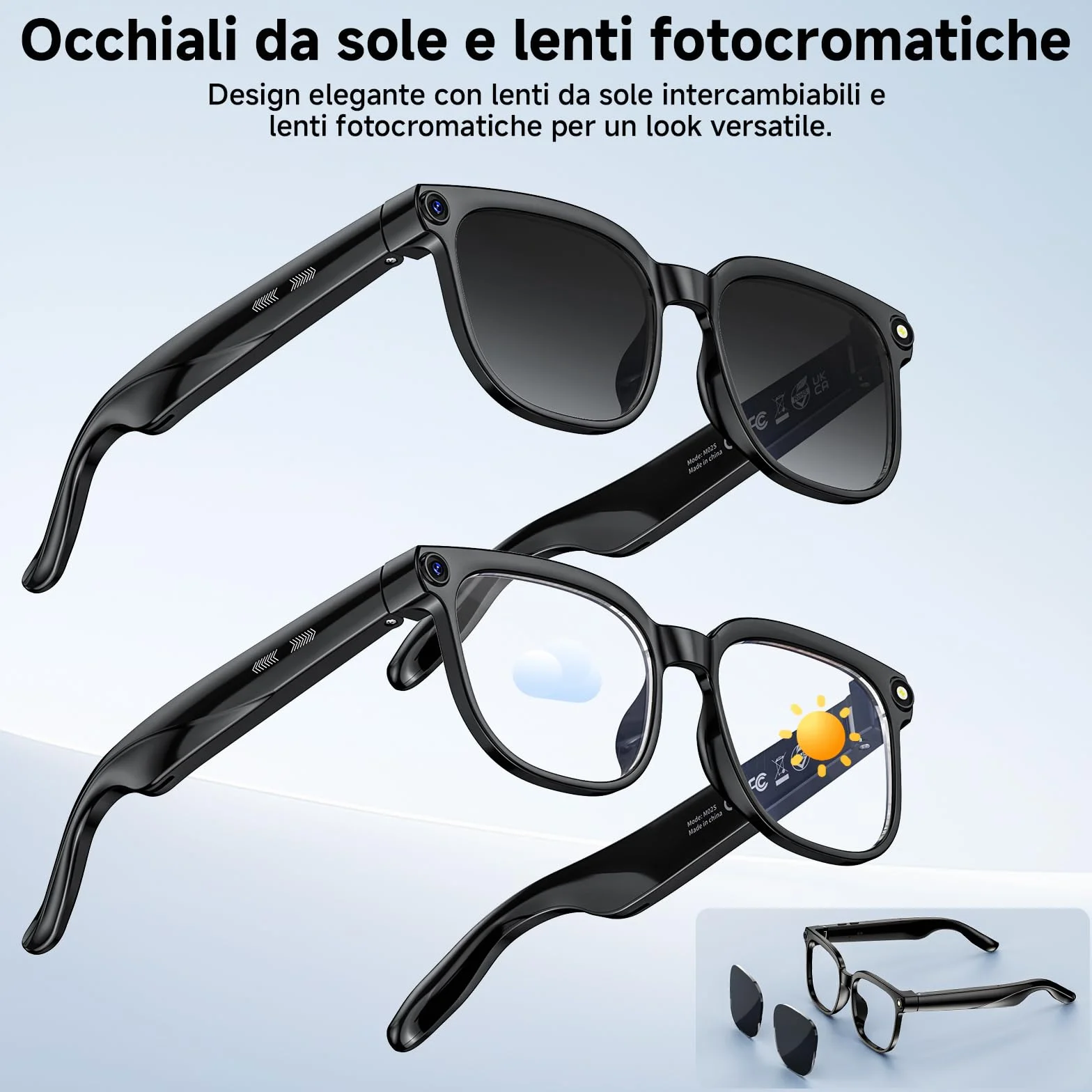 Occhiali Intelligenti AI Smart Glasses 8K Fotocamera 2 Lenti HD 1080p Bluetooth Chiamate Nero