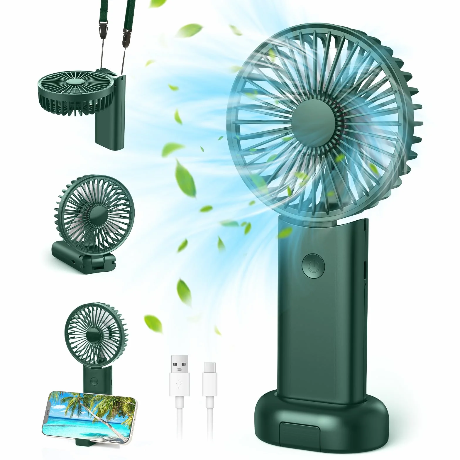 Ventilatore Portatile,Mini Ventilatore USB Ricaricabile,Pieghevole Ventilatore A Mano Silenzioso Potente,3000 mAh, 3 velocità di ventilazione da Tavolo per Viaggi,Ufficio,Campeggio-Verde