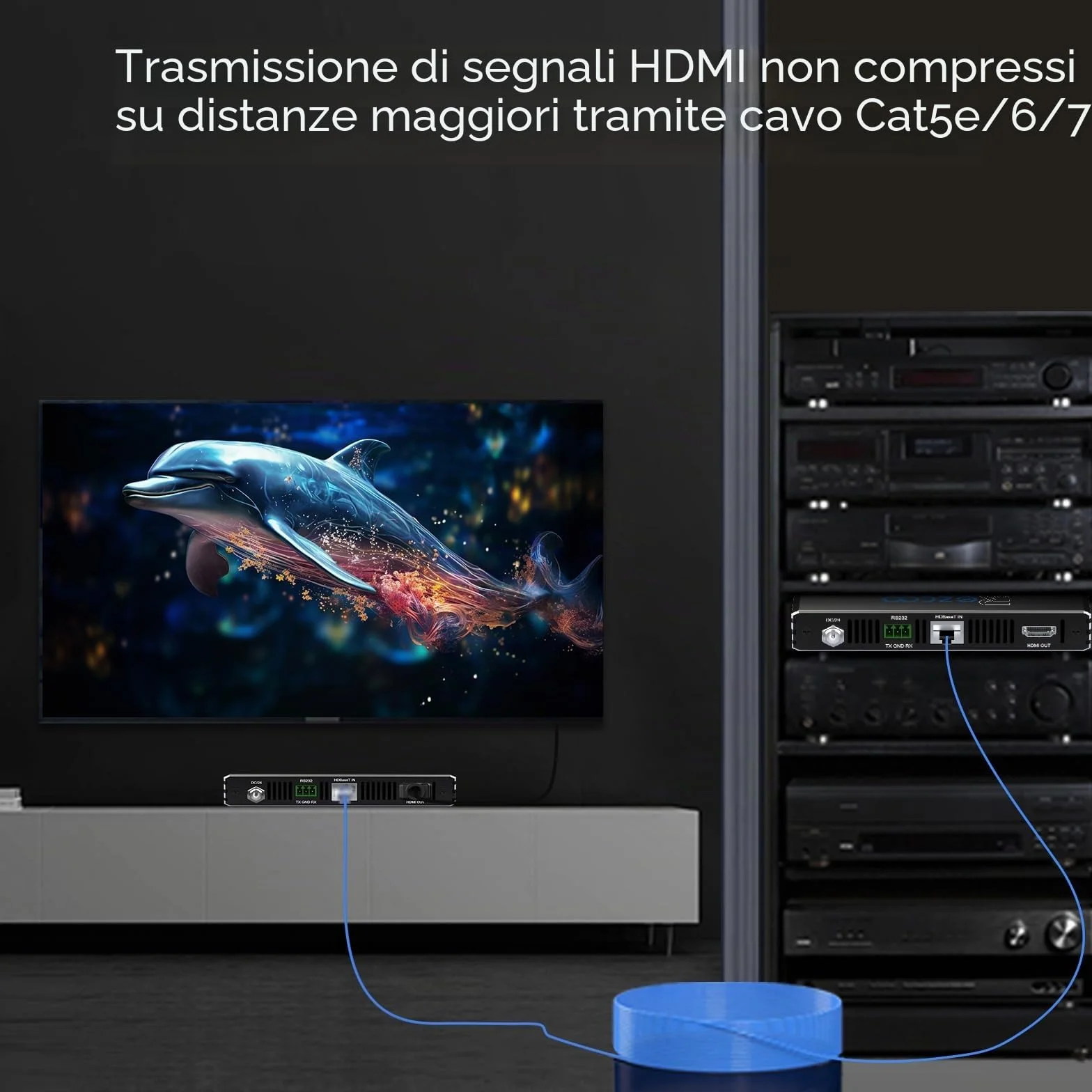 ROFAVEZCO 4K HDMI KVM Extender USB Non compresso 4K 60Hz HDR Singolo Tramite Cat5e/6 Fino a 300ft, Hub USB2.0 a 3 Porte Poe+RS232+EDID+Audio Stereo da 3,5 mm e Microfono, EX70H2KVM