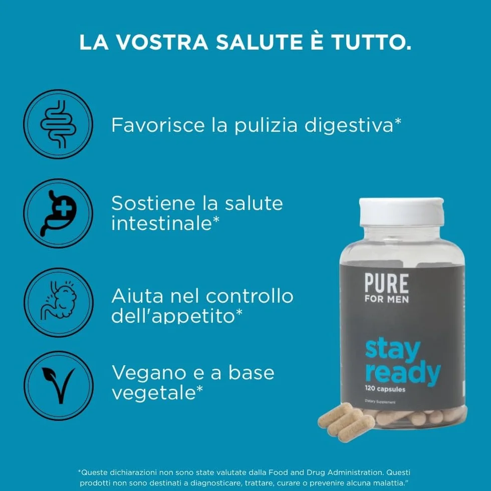 Pure for Men Integratore Alimentare di Fibre Stay Ready, 120 Capsule Vegane, Regolarità Intestinale