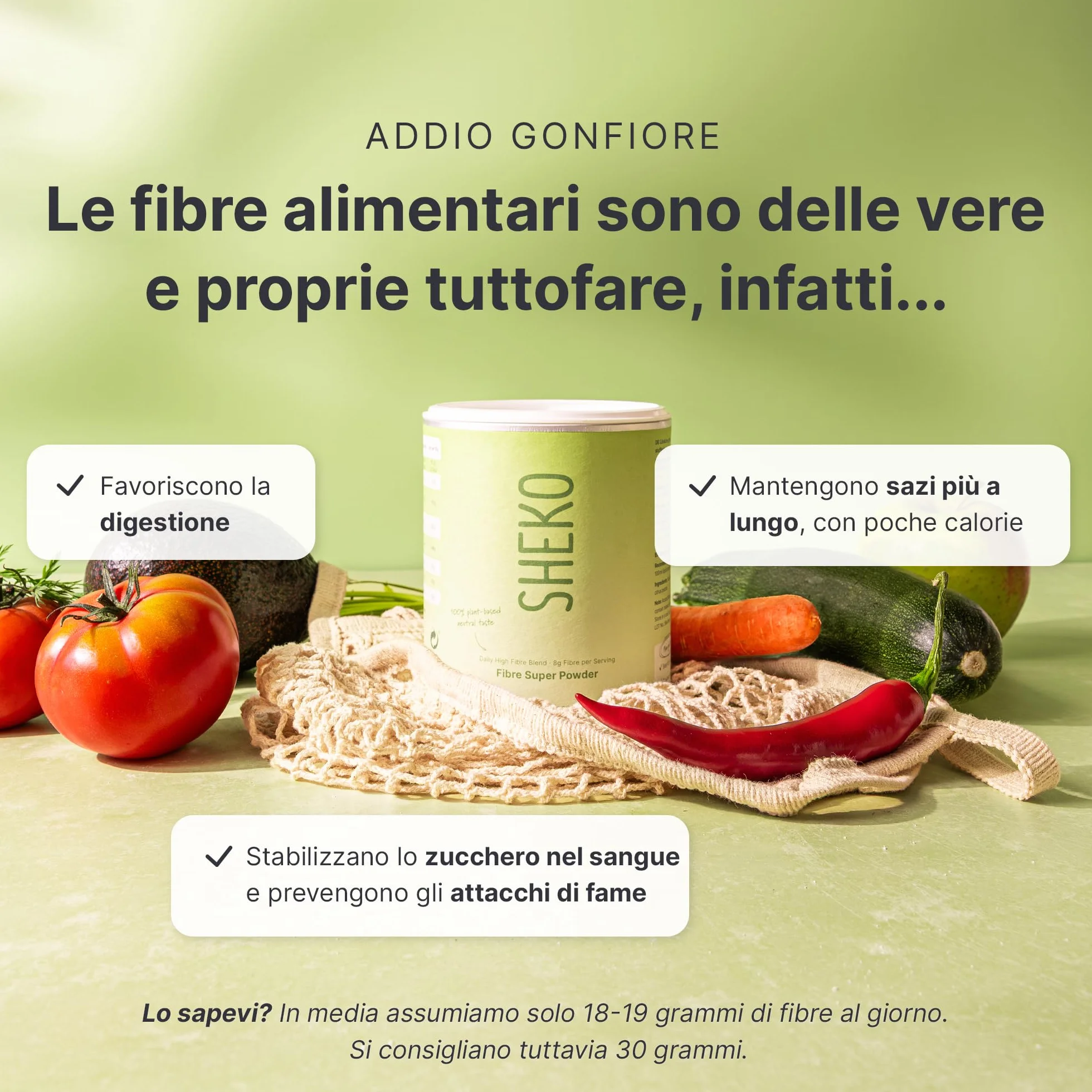 SHEKO Fibre Alimentari in Polvere 300g - Fibre ad Alto Dosaggio per la Digestione, Salute Intestinale, Saziante, Vegano, Senza Lattosio