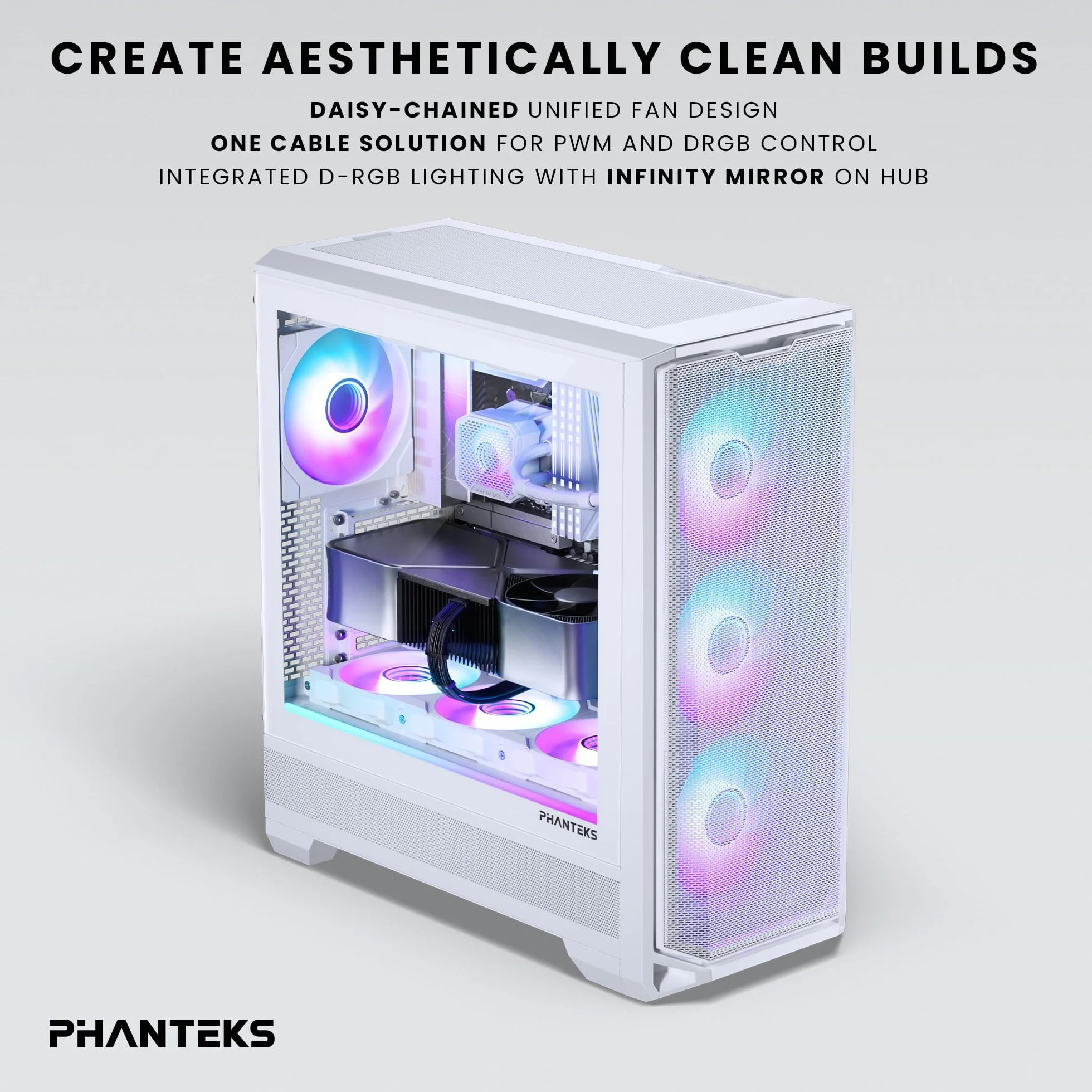 Phanteks M25-140 Gen2, 3er Pack, ventola di raffreddamento ad alte prestazioni ARGB da 140 mm, telaio ventola unificato a Daisy-Chain, hub Infinity Mirror, connessione a cavo singolo, Bianco
