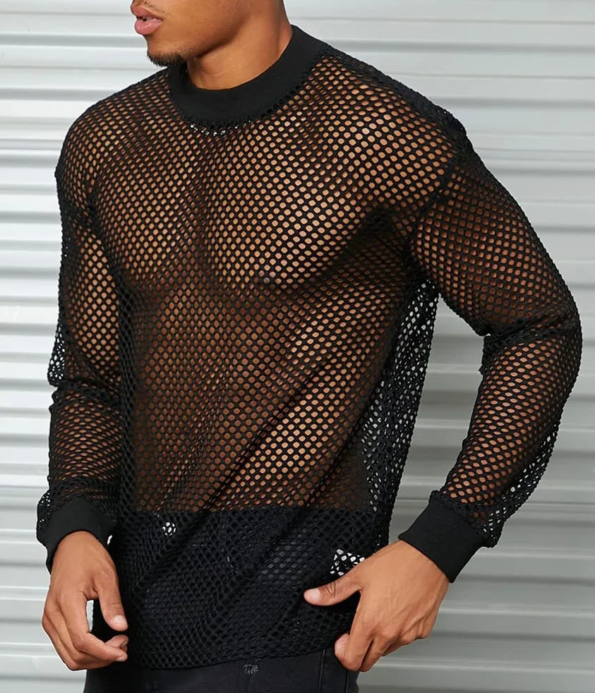 ORANDESIGNE Camicia da Uomo in Rete Trasparente Sexy Slim Fit Canottiera Clubwear Streetwear Top