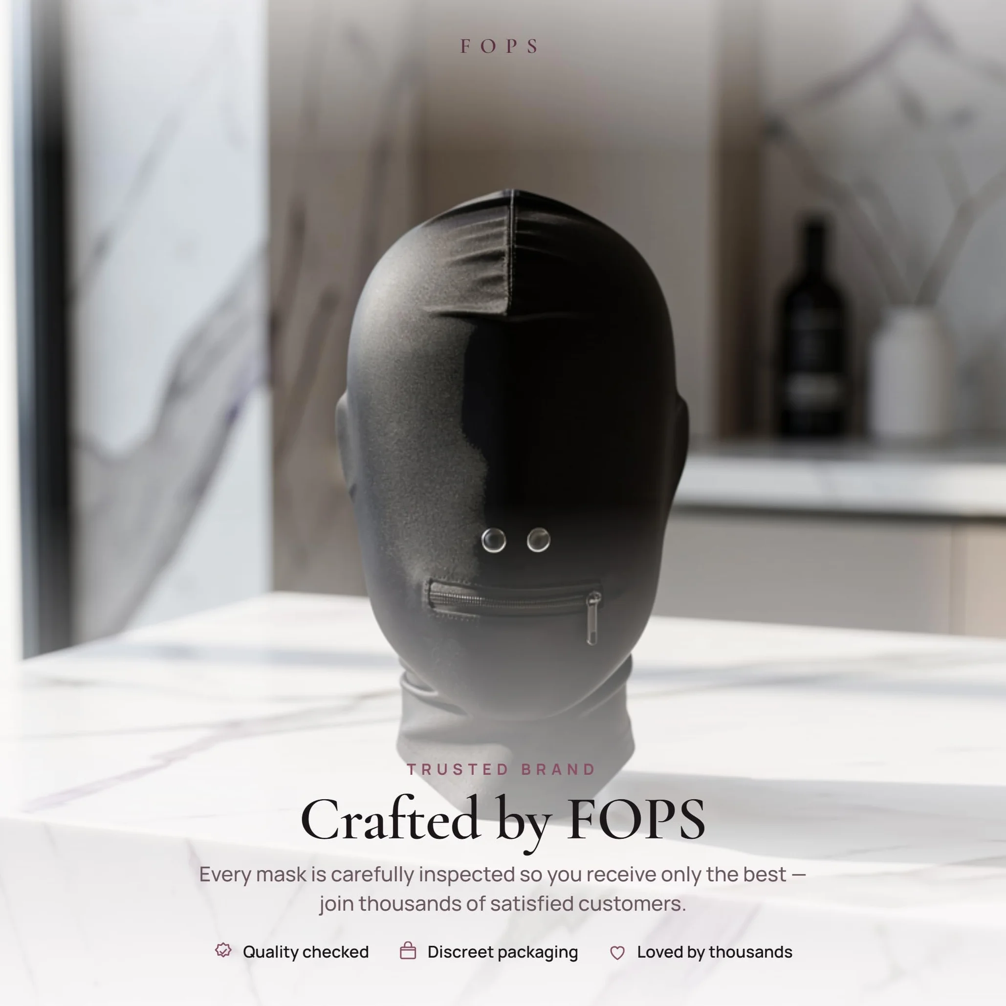 FOPS Maschera Fetish BDSM Nera con Apribocca a Zip per Coppie - Accessorio Erotico SM Bondage Materiale Elastico
