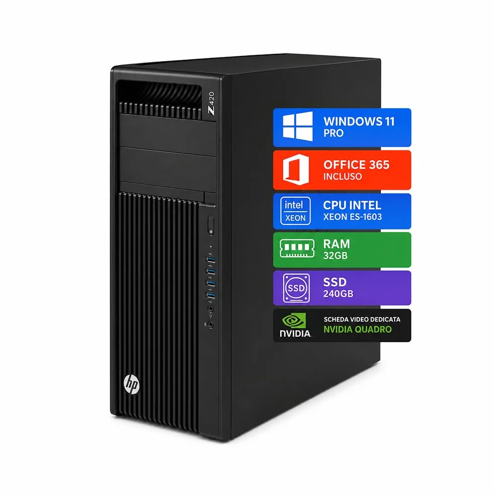 HP Z420 Workstation per CAD e Uffici Tecnici • Intel Xeon E5-1603 • 32GB RAM • SSD 240GB • NVIDIA Quadro K4200 4GB GDDR5 • Windows 11 Pro - Office 365 free • WiFi • Ricondizionata