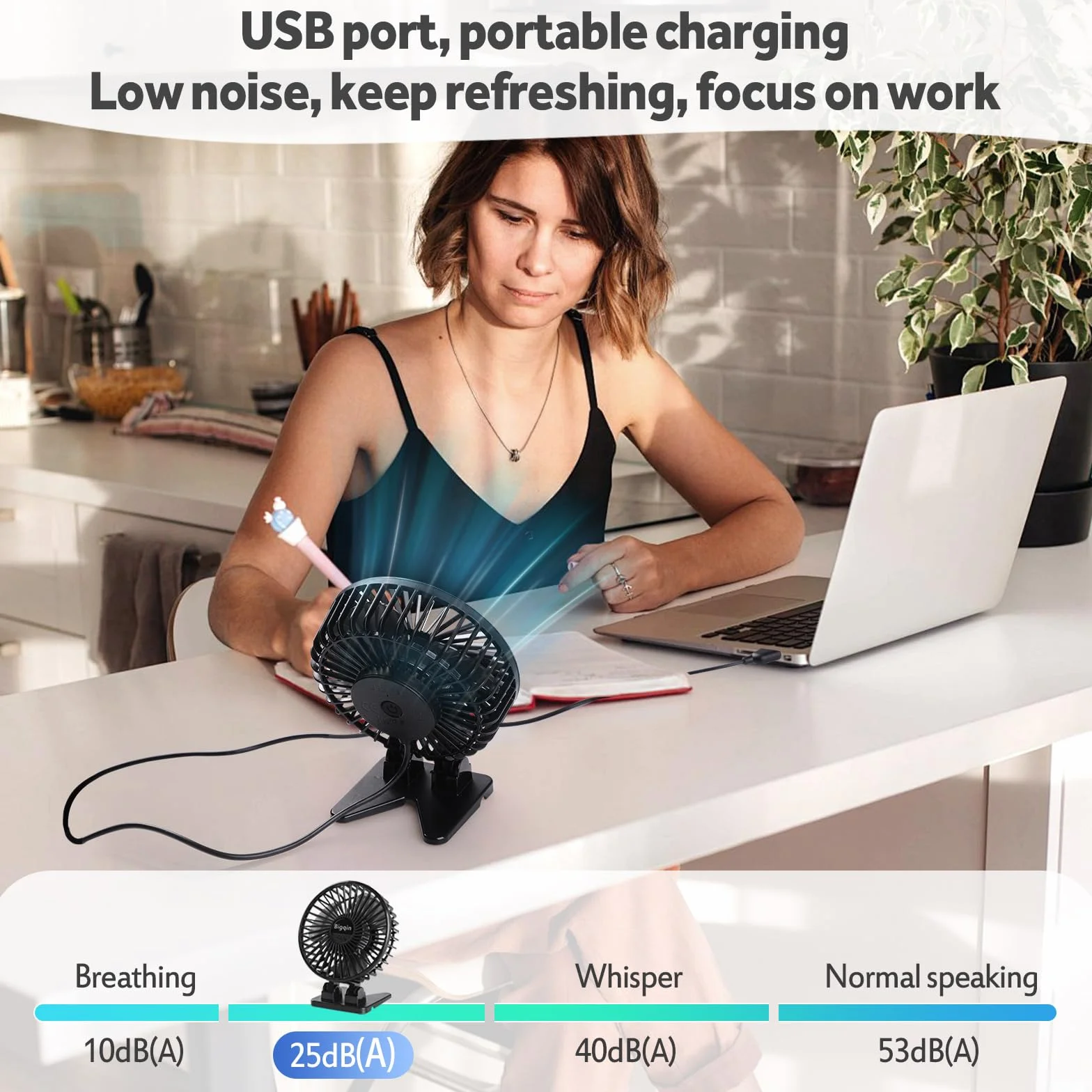 Mini Ventilatore Portatile, Ventola Silenziosa USB, 3 velocità in un Pulsante, Piccolo Ventilatore Potente, Mini Ventilatore ad Angolo Regolabile per Tavolo da Ufficio,Nero