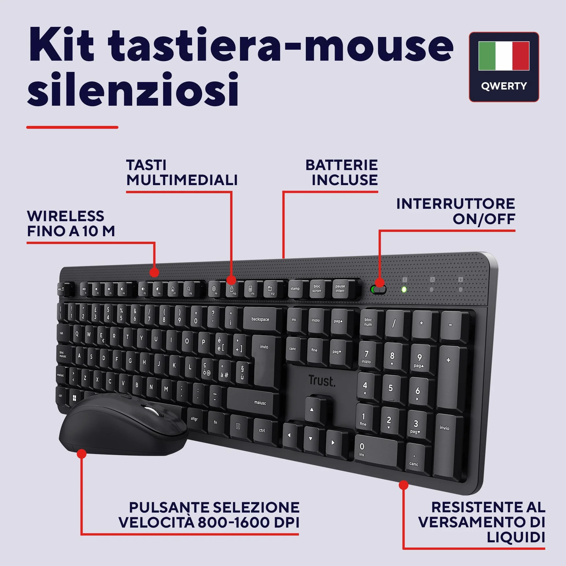 Trust Ymo II Set Tastiera e Mouse Wireless Silenziosi Italiano QWERTY, Tasti a Profilo Ribassato, Resistente agli Sversamenti, Unico Ricevitore USB, Nero