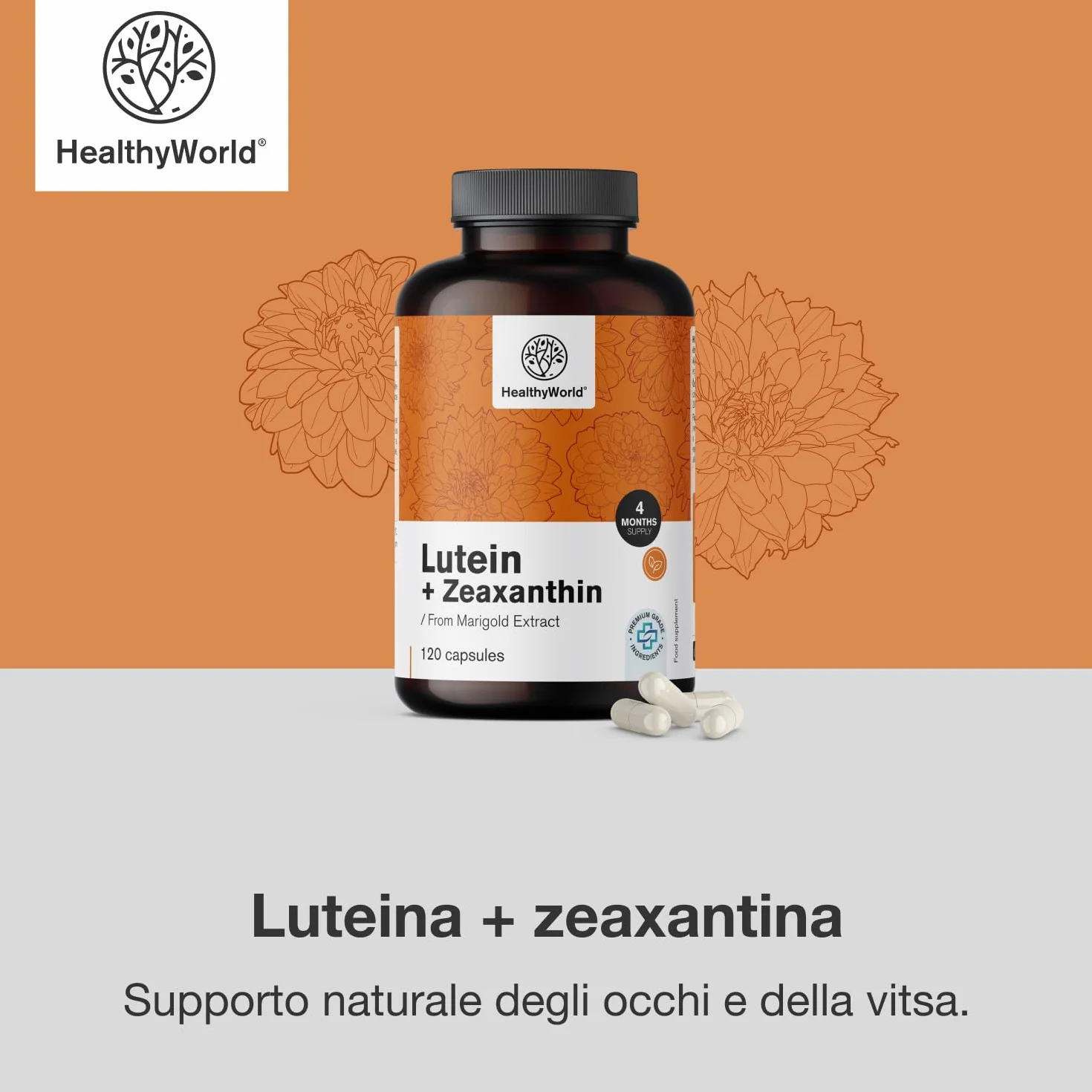 HealthyWorld® Luteina + Zeaxantina 120 Capsule Vegetali 32 mg Luteina 2 mg Zeaxantina Supporto Vista Occhi