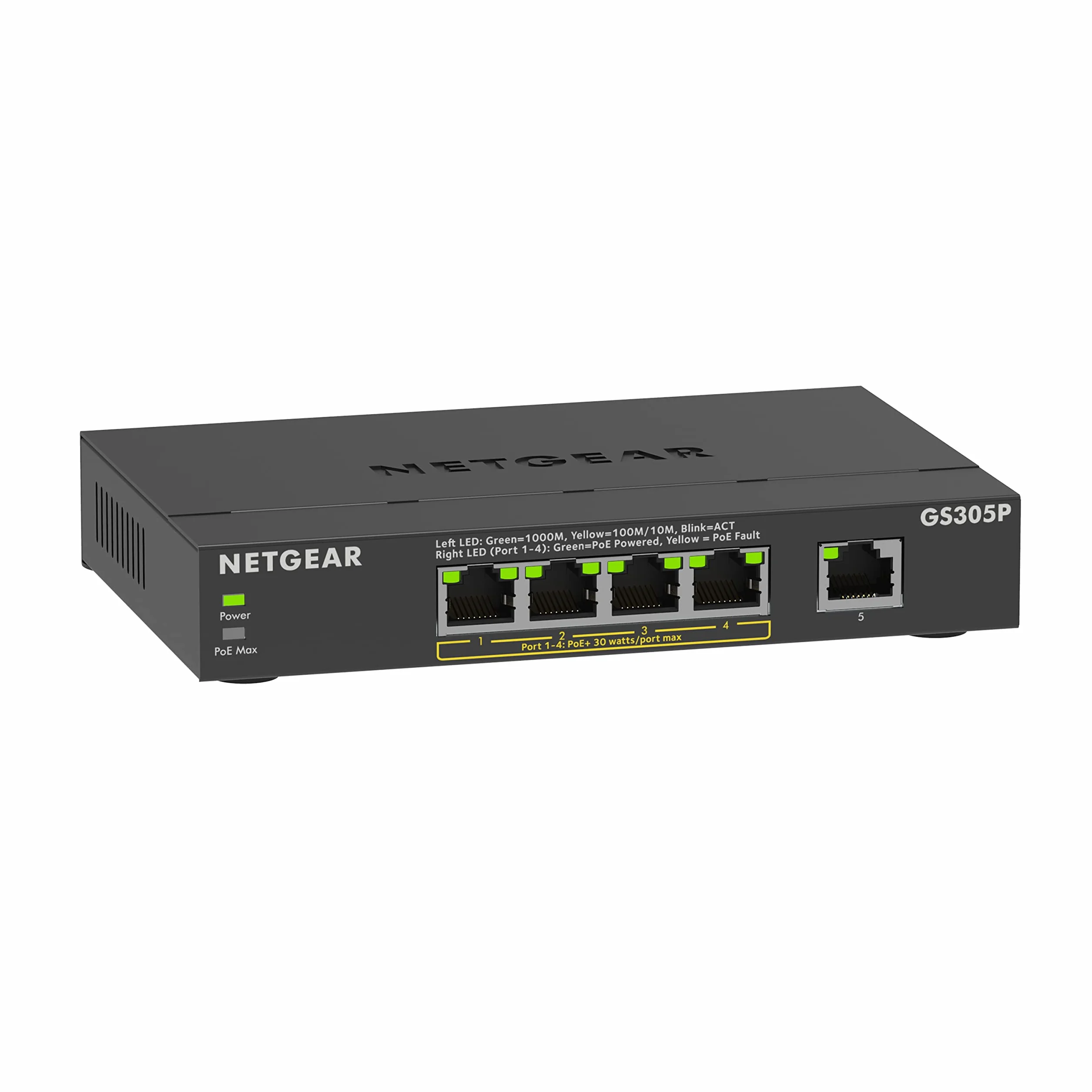NETGEAR Switch Ethernet Unmanaged (GS305P), Switch PoE a 5 Porte, con 4 PoE+ a 63 W, Montaggio su Scrivania o a Parete.