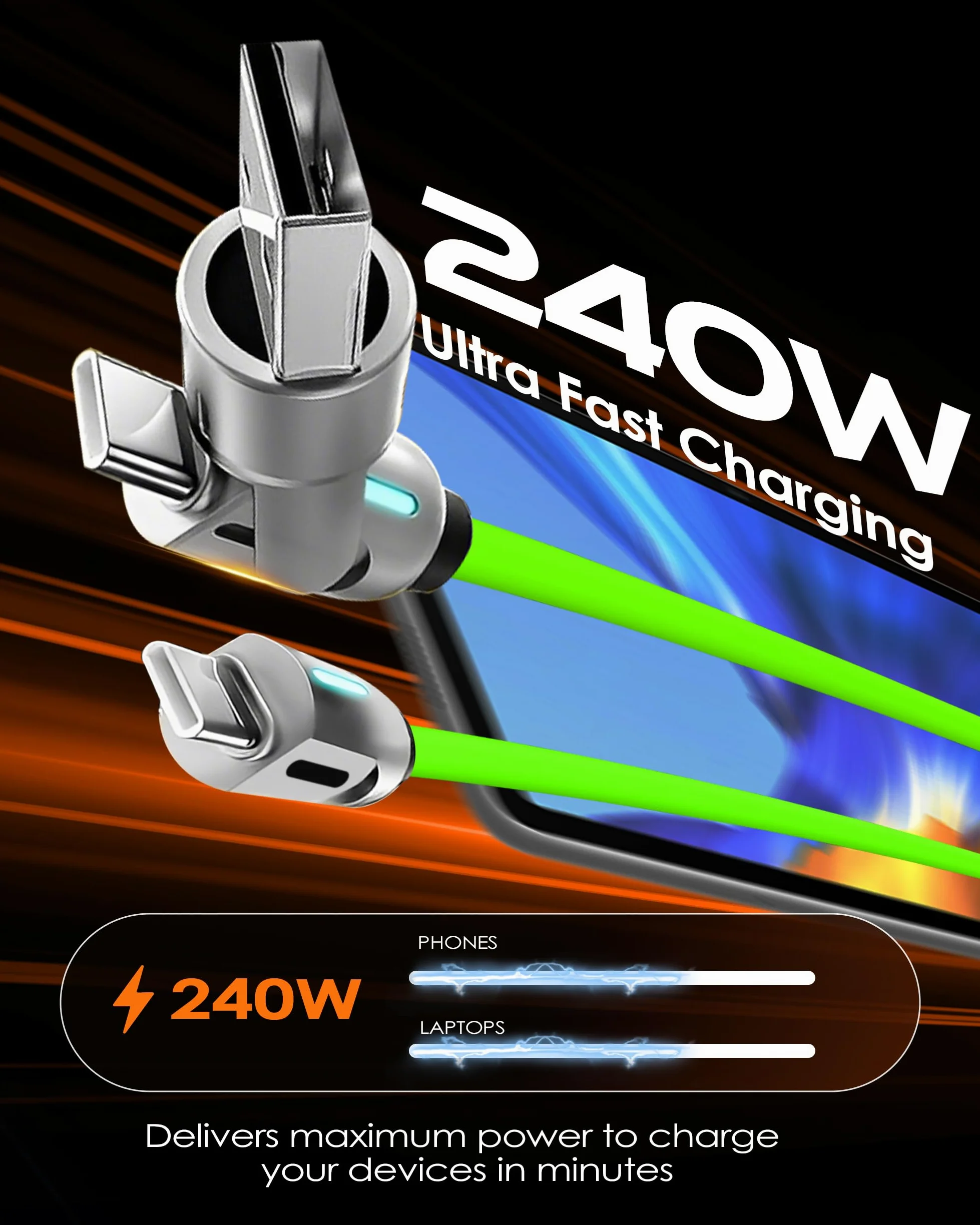 chubbycable GlowCharge Pro - Cavo da auto 3 in 1 da 240 W con luci dinamiche, cavo multi USB C, cavo di ricarica rapida in silicone, 1 m, verde, da tipo C a tipo C + USB-A
