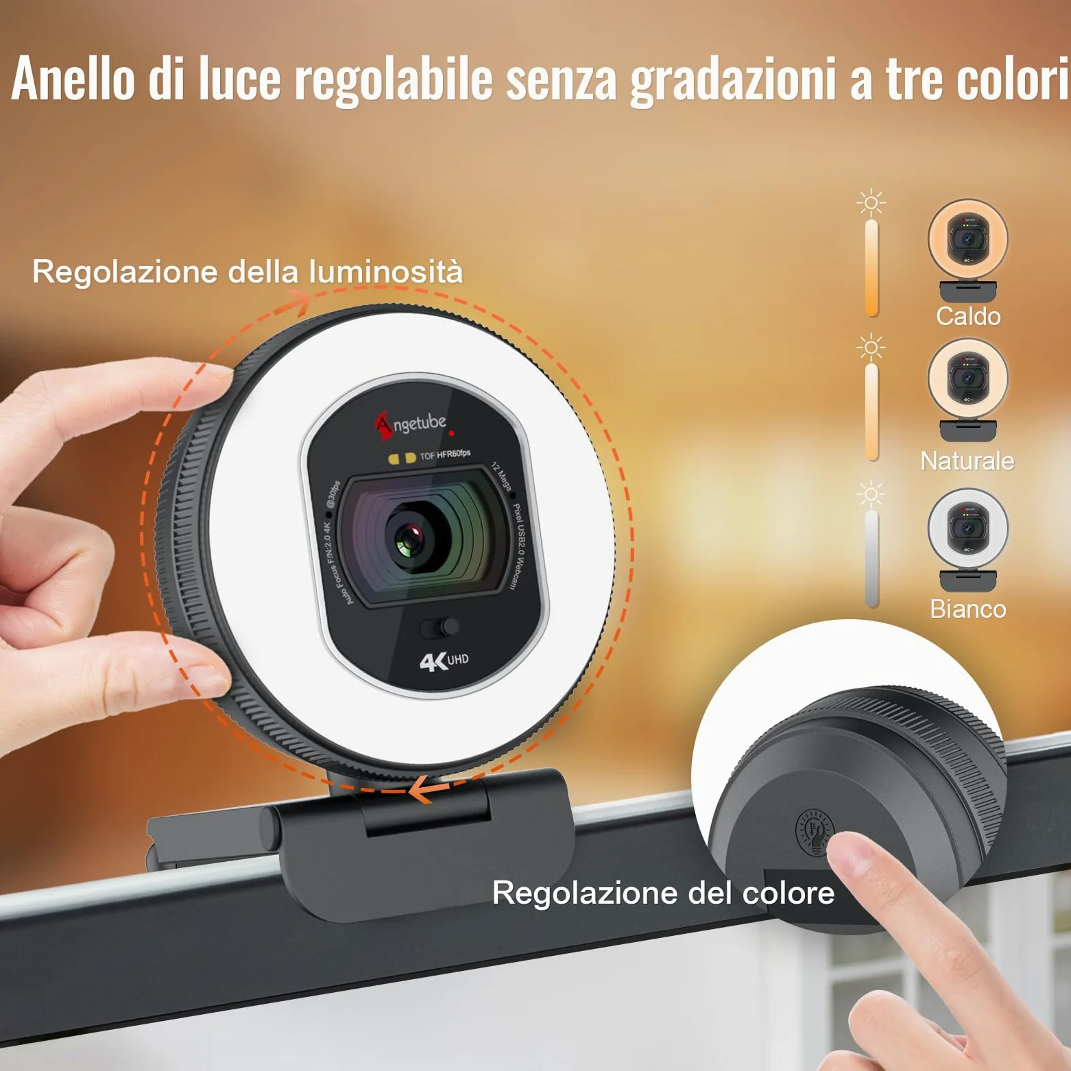 Angetube Webcam 4K con Luce – PC Camera con 2 Microfoni e Autofocus TOF | USB Telecamera 1080P & 60FPS per Laptop e Mac,Streaming Camera con Copri-obiettivo Integrato,Compatibile con Zoom e Teams