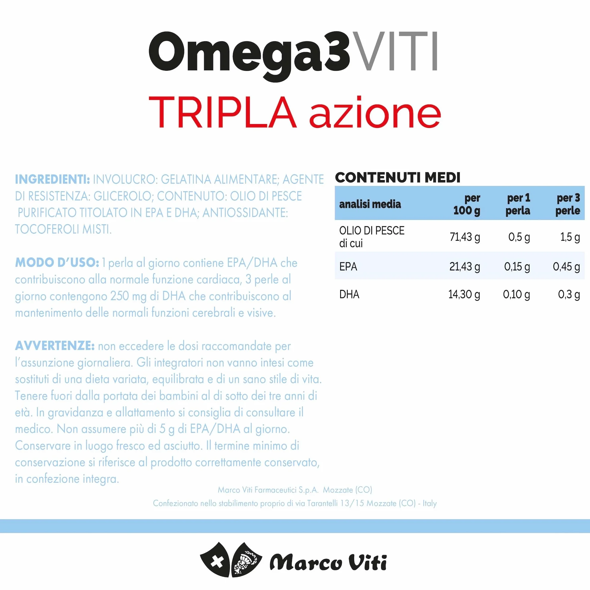 Omega3 Viti Tripla Azione Integratore Omega-3 60 Capsule 700 mg Cuore Cervello Vista