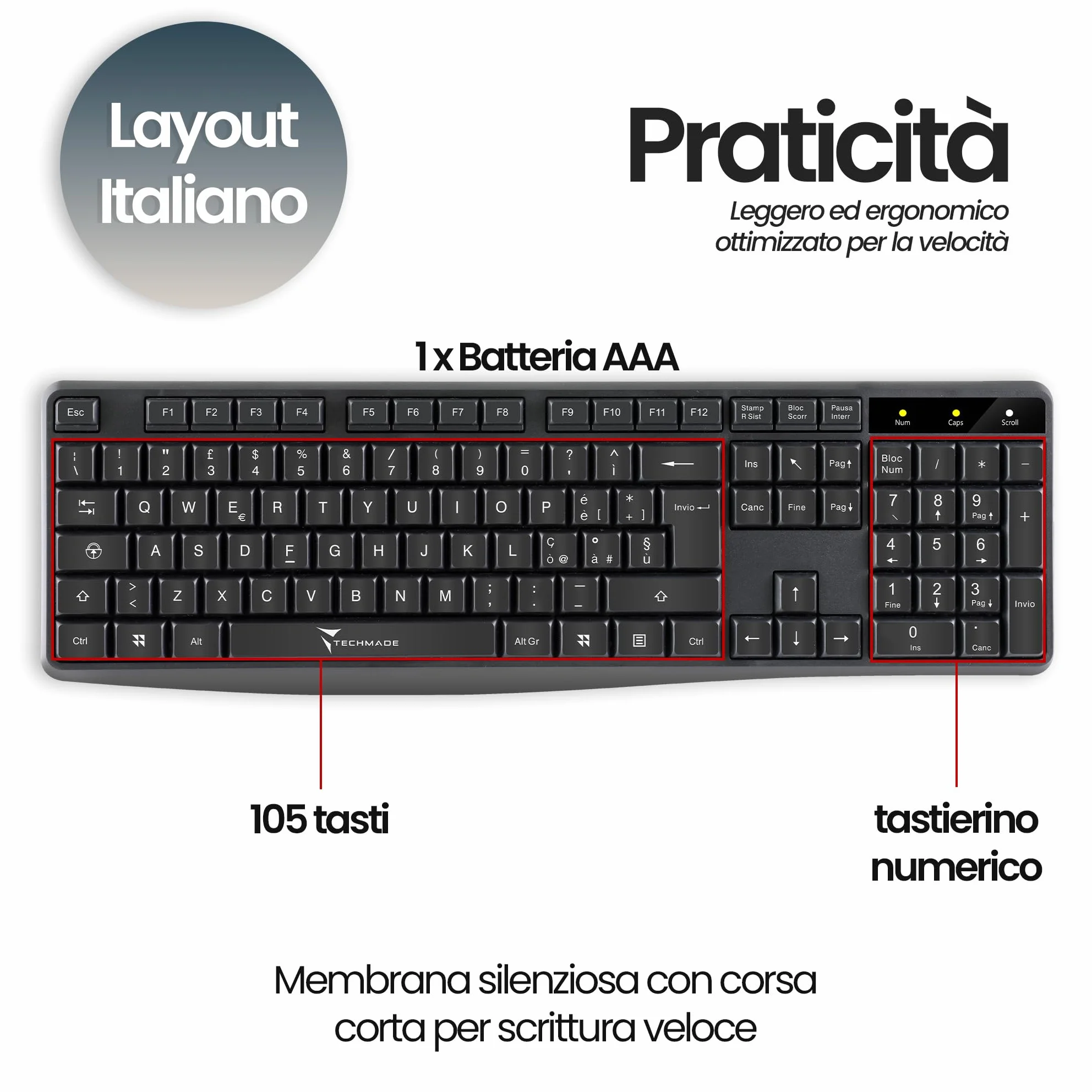 Techmade KM001 Kit Combo Tastiera e Mouse Wireless per Windows e Mac | Mouse Wireless | Tastiera Dimensioni Standard | Tastierino | Ricevitore USB Unico per PC e Laptop | Layout Italiano QWERTY