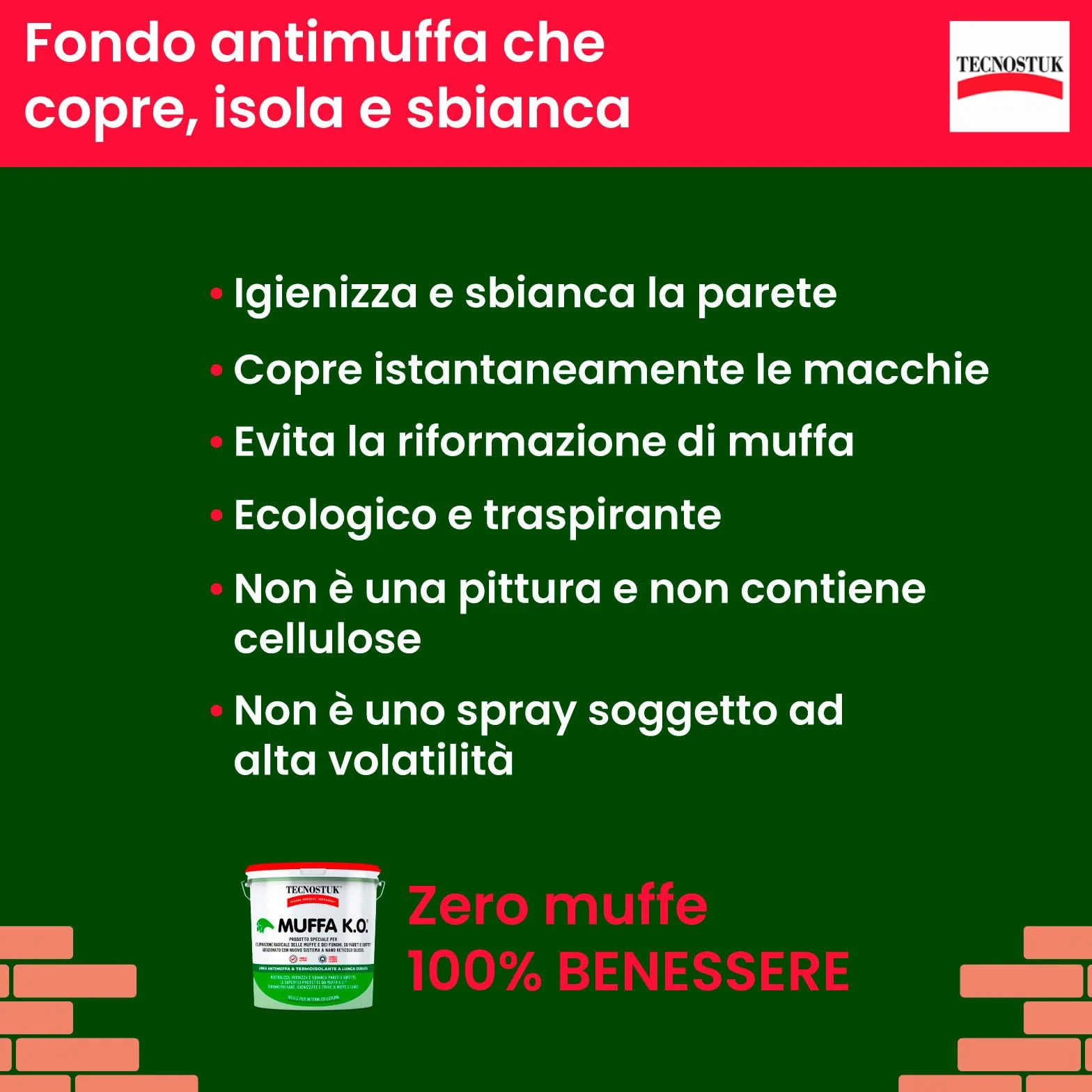 Tecnostuk Muffa K.O. Fondo Antimuffa Sbiancante Eurocali 1L + Kalorfix Fissativo Isolante Termico 1L Made in Italy