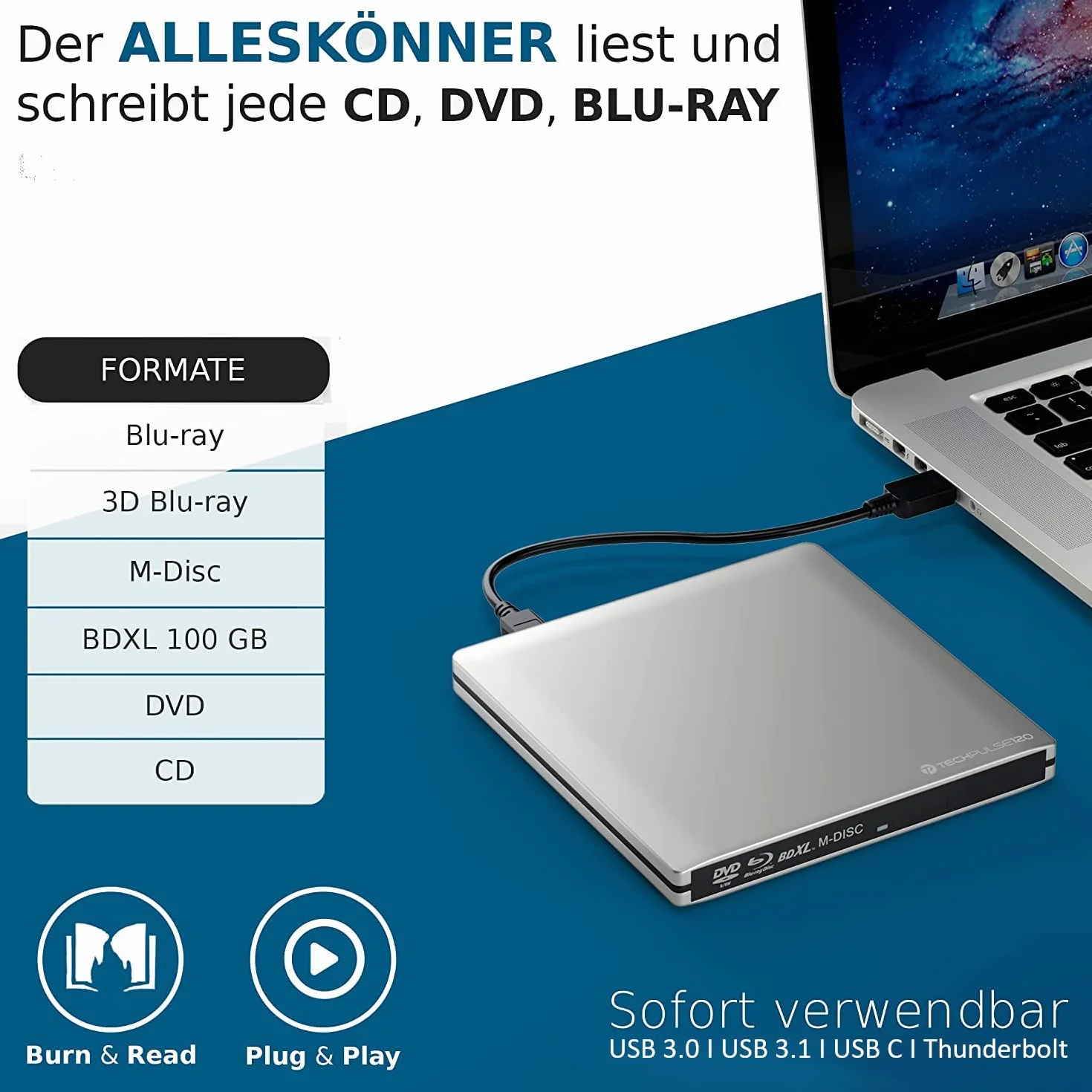 techPulse120 Esterno USB 3.1 Masterizzatore Lettore Blu-ray Blue BD Player BDXL Burner per PC USB-C M-Disc lettori BluRay USB Alu Argento