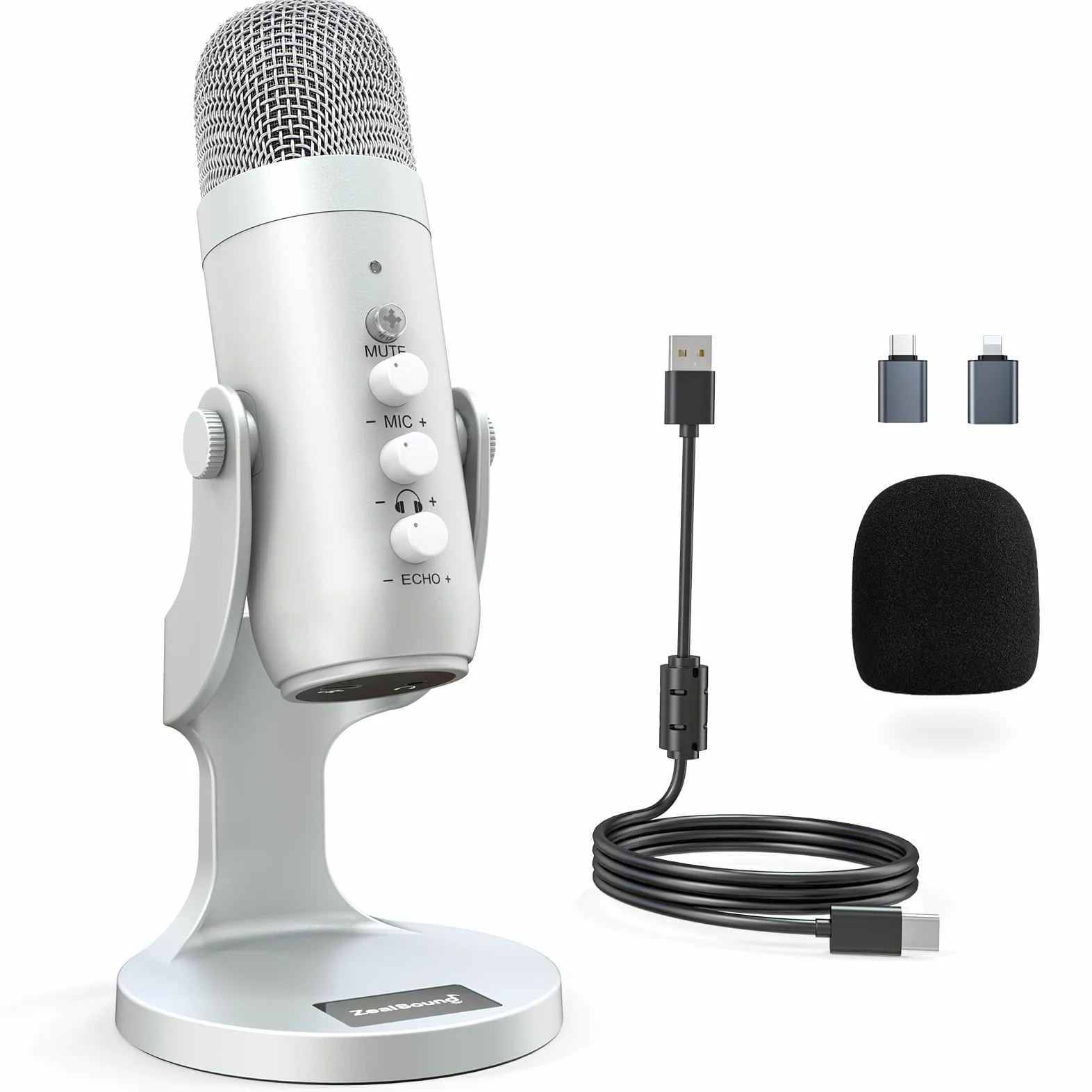 zealsound Microfono USB k66 Argento Podcast Microfono per PC Cellulare PS4&5, con Cancelling/Mute/Echo/Volume Knof, per gaming, registrazioni, streaming, Youtuber, compatibile con Mac, Winows