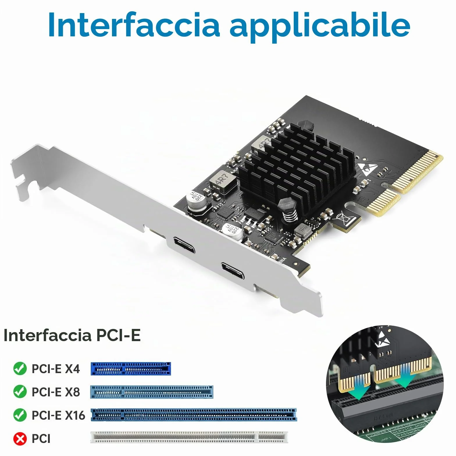 ELUTENG USB C PCIe Card 2 port 2 x 10Gpbs, PCI Express PCIe X4 USB C 3.2 Gen2 scheda di espansione 20Gbps con dissipatore di calore di grande area per PC desktop Windows 11/10/8/7/XP