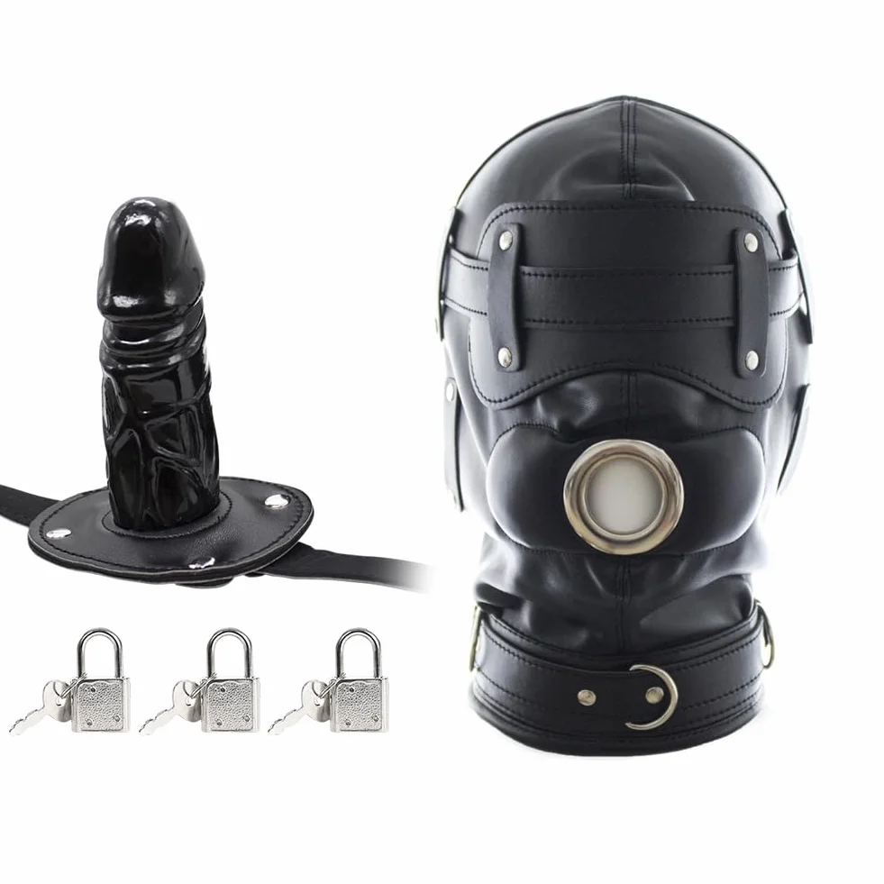 Roluck Maschera Bondage con Dildo Bocca Gag 3 Blocco Regolabile Maschera Testa SM per Coppia Fetish Sex Toy